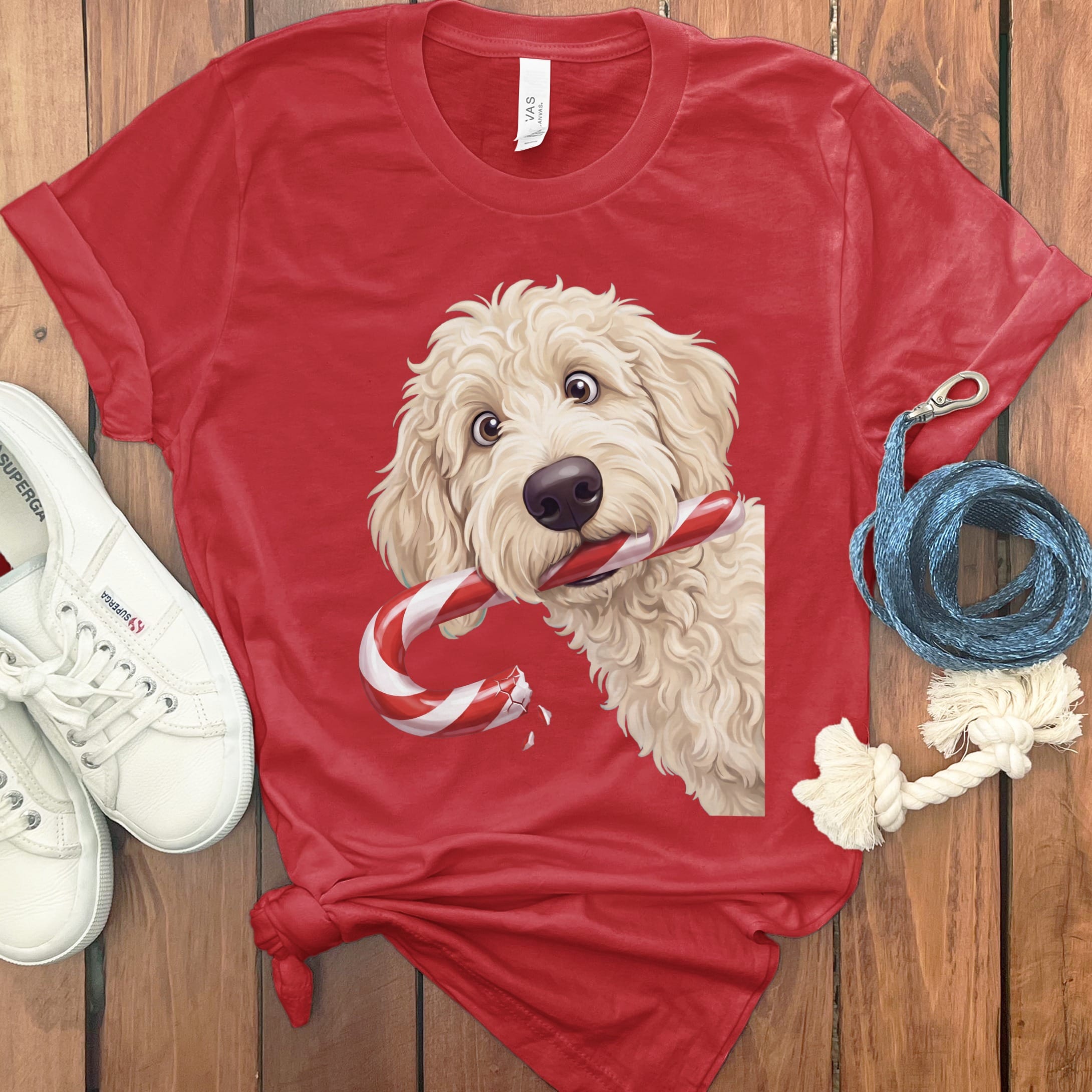 Cream Goldendoodle Candy Cane Thief T-Shirt in S / Red by Puppy Jo