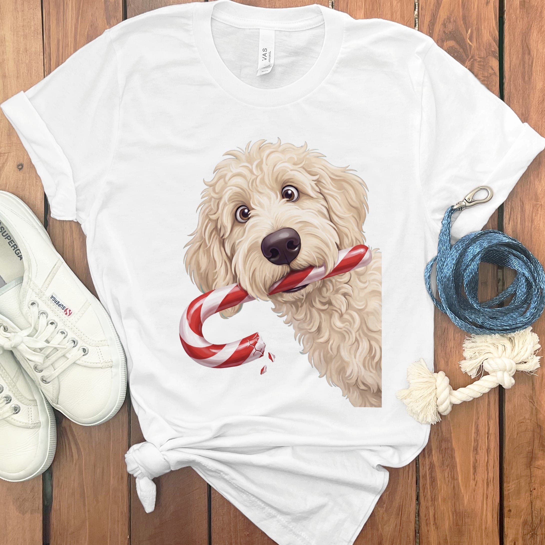 Cream Goldendoodle Candy Cane Thief T-Shirt in S / White by Puppy Jo