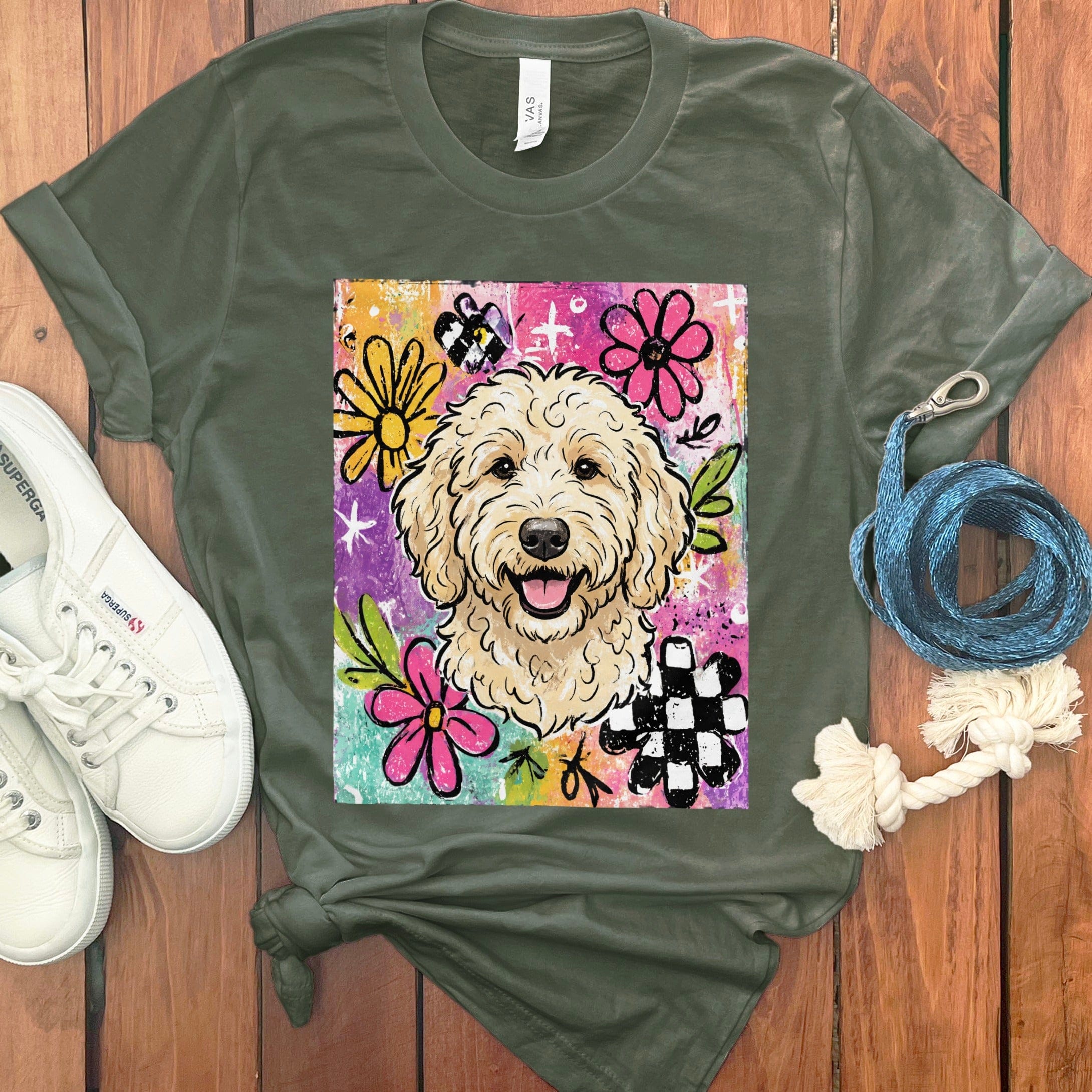 Cream Goldendoodle Color Pop T-Shirt in Military Green / S by Puppy Jo