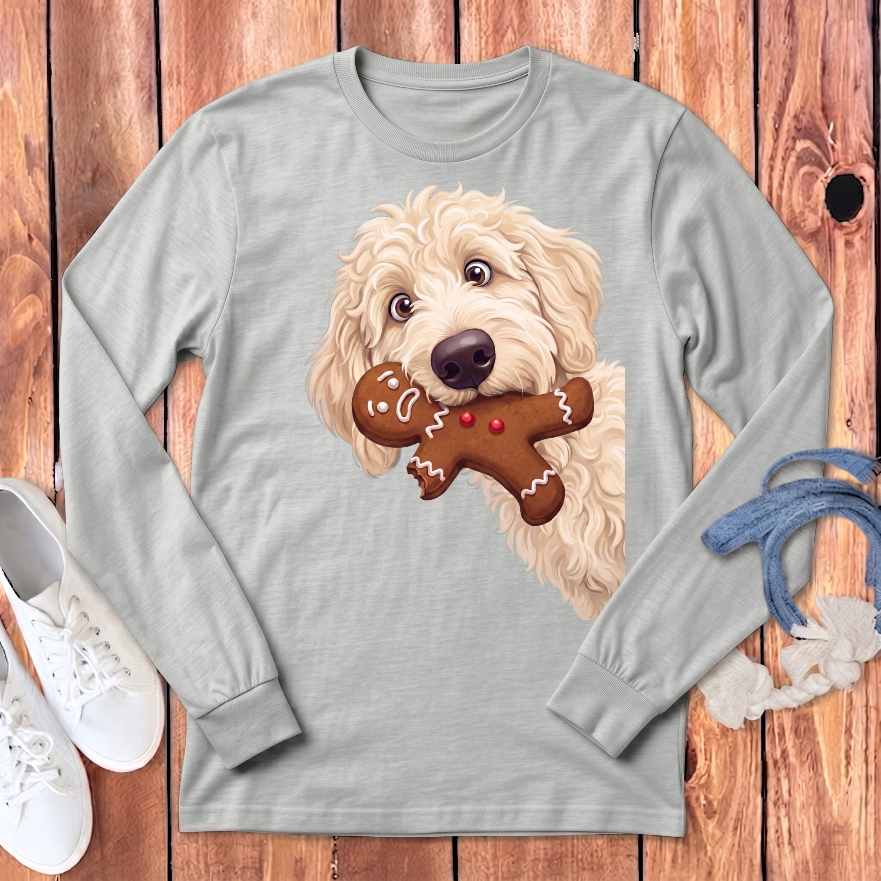 Cream Goldendoodle Cookie Thief Long Sleeve T-Shirt in Athletic Heather / S by Puppy Jo