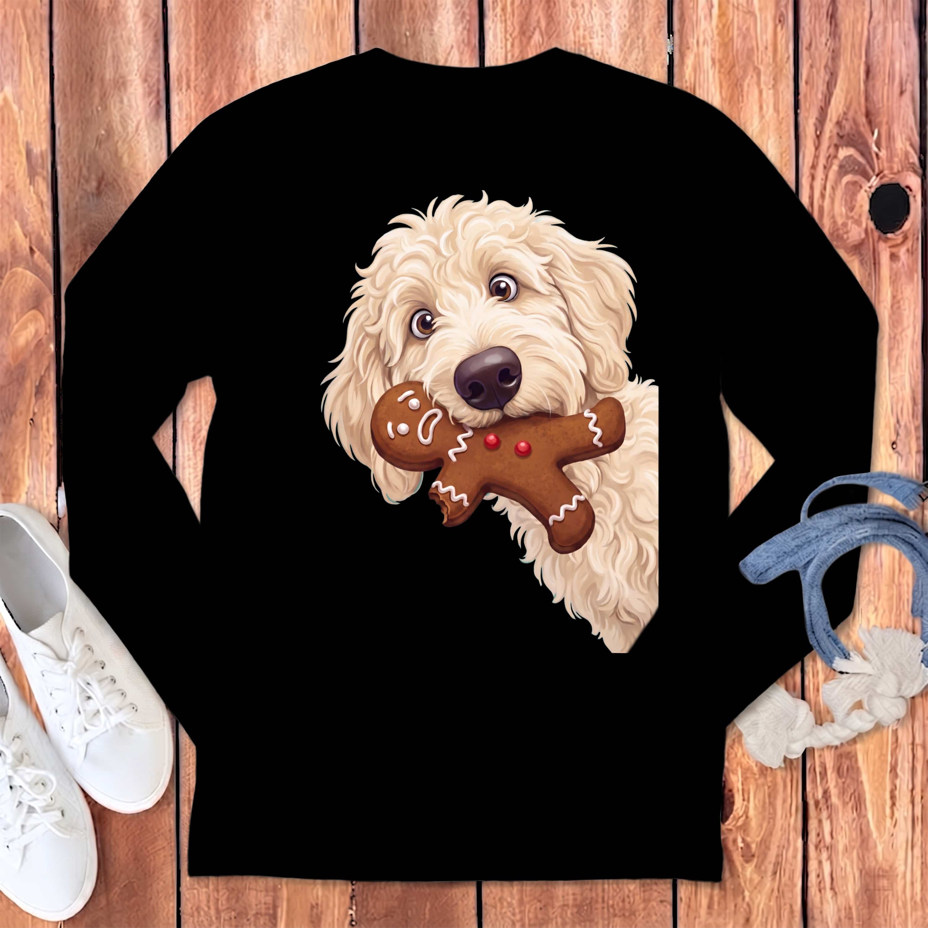 Cream Goldendoodle Cookie Thief Long Sleeve T-Shirt in Black / S by Puppy Jo