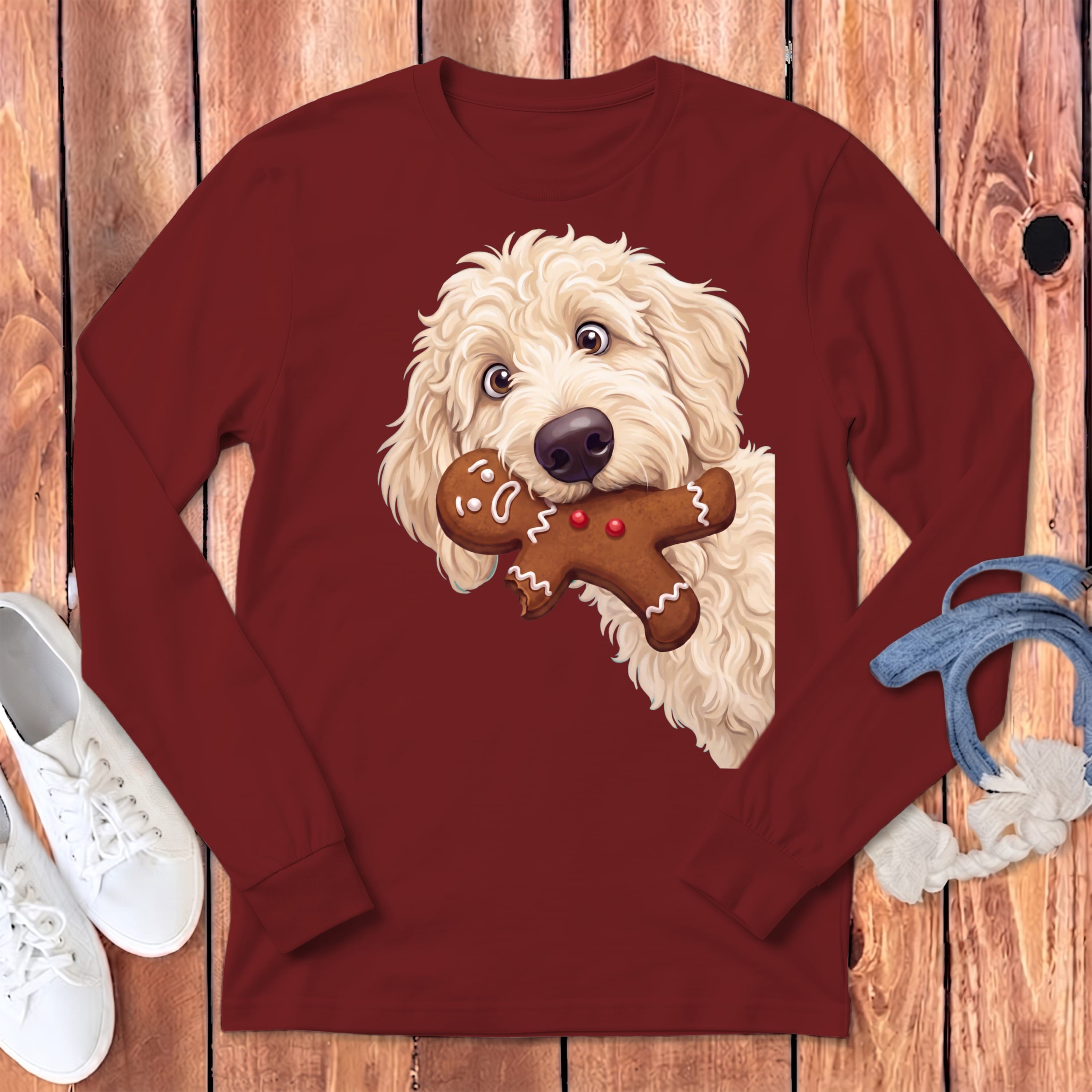 Cream Goldendoodle Cookie Thief Long Sleeve T-Shirt in Cardinal / S by Puppy Jo