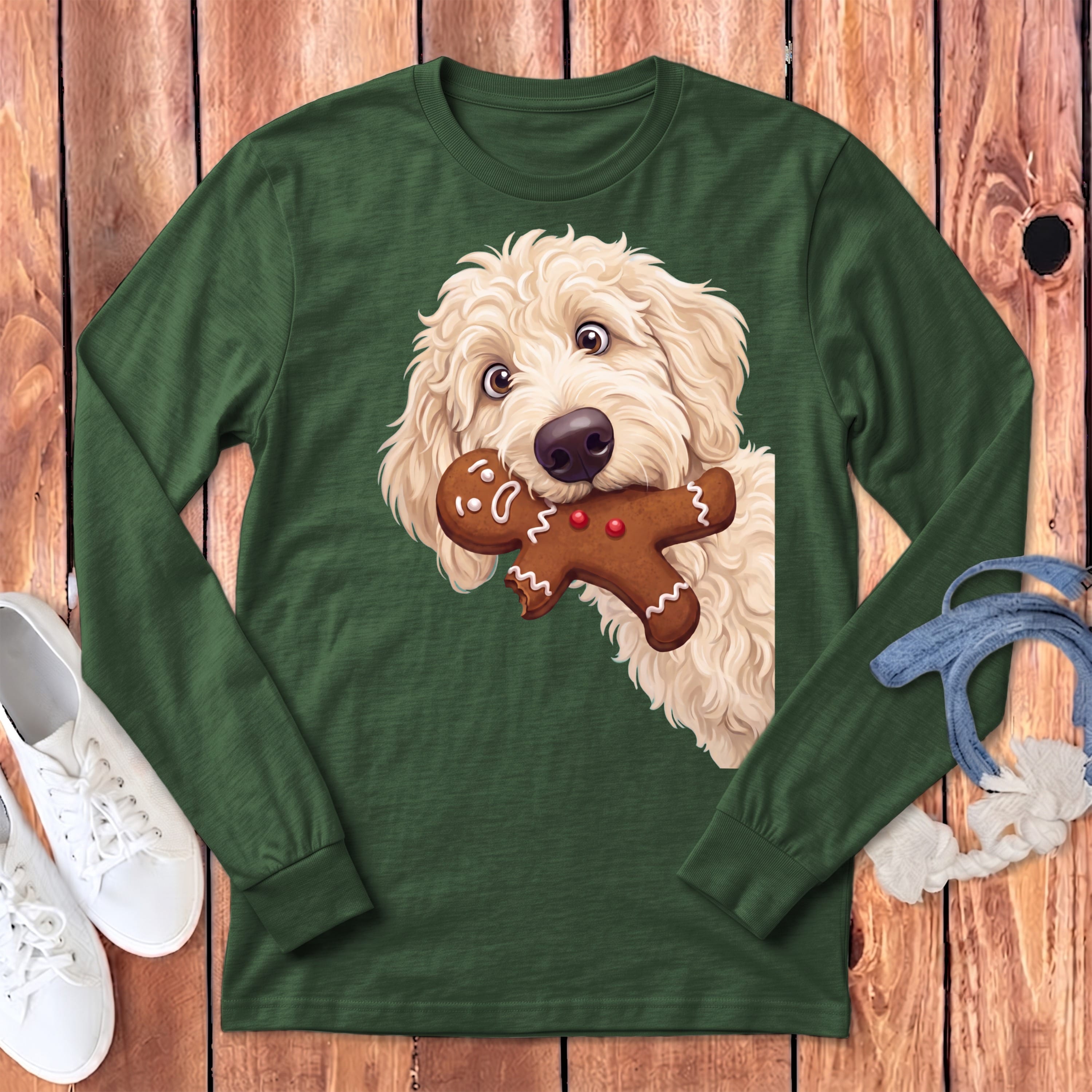 Cream Goldendoodle Cookie Thief Long Sleeve T-Shirt in Heather Forest / S by Puppy Jo