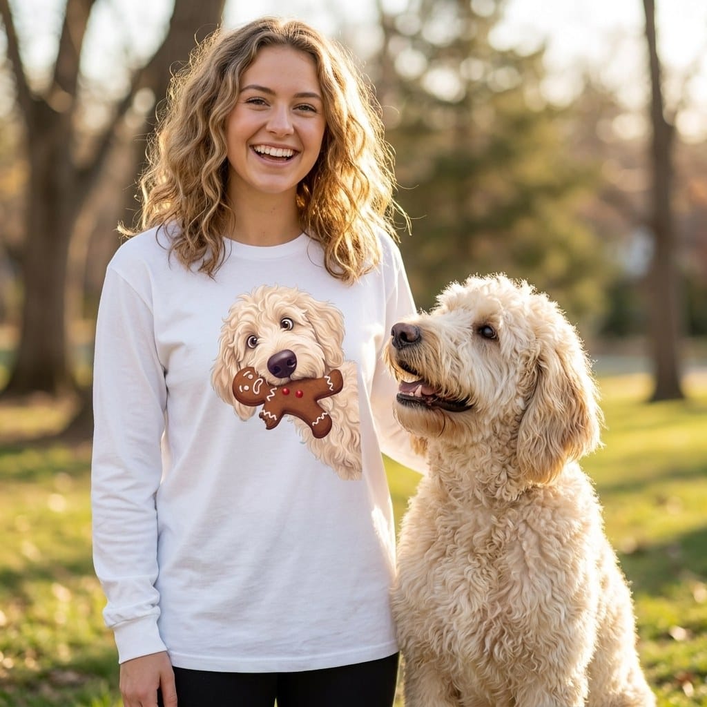Cream Goldendoodle Cookie Thief Long Sleeve T-Shirt in by Puppy Jo