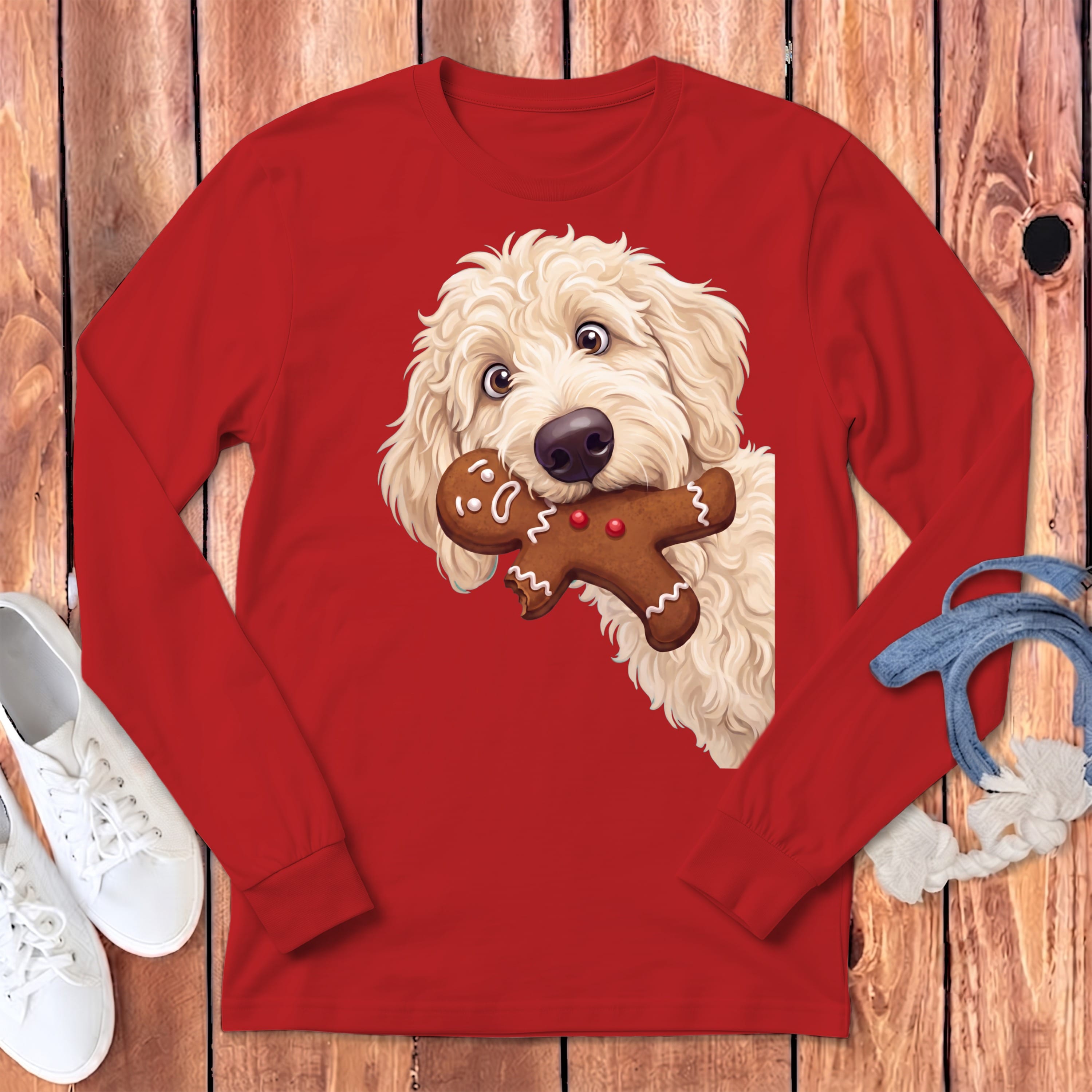 Cream Goldendoodle Cookie Thief Long Sleeve T-Shirt in Red / S by Puppy Jo
