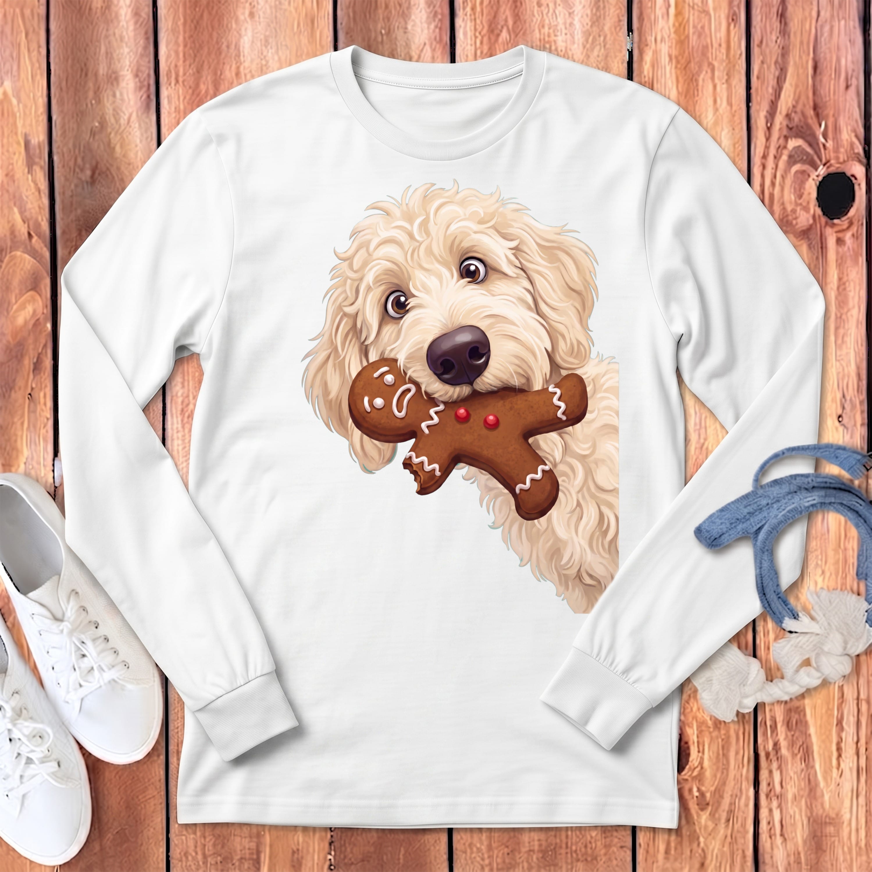 Cream Goldendoodle Cookie Thief Long Sleeve T-Shirt in White / S by Puppy Jo