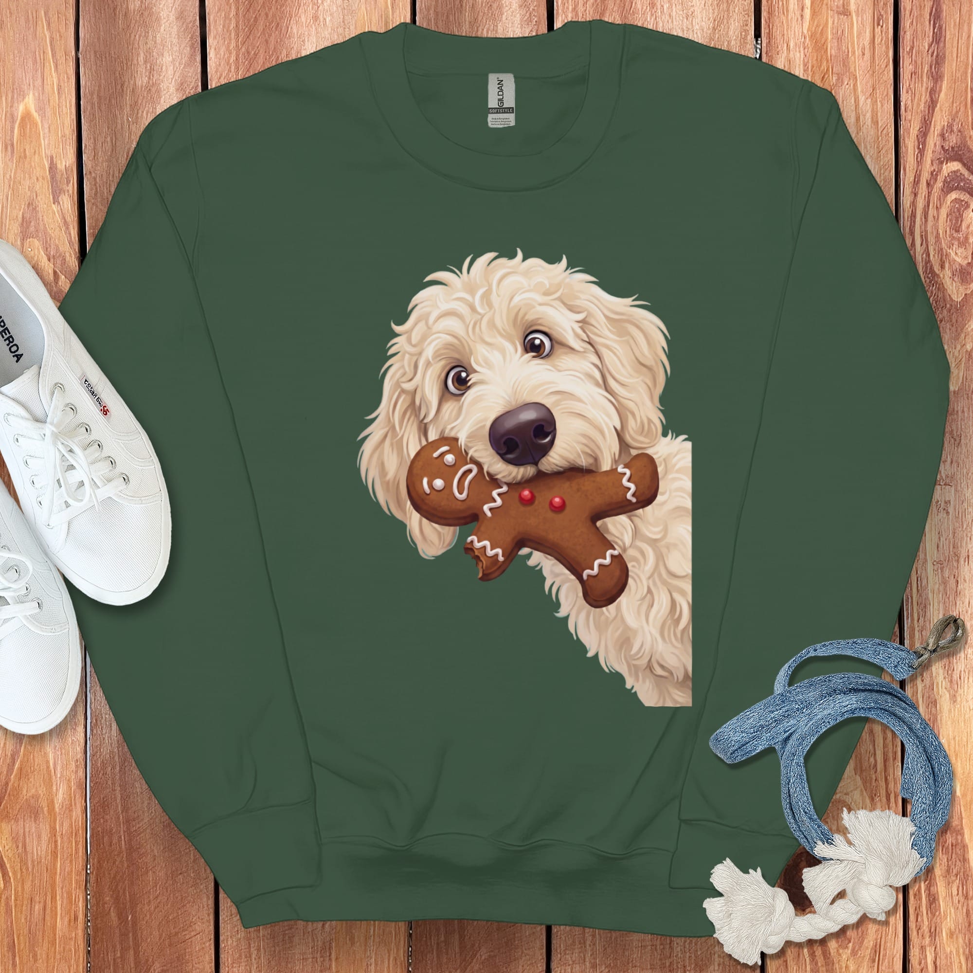Cream Goldendoodle Cookie Thief Sweatshirt in Forest Green / S by Puppy Jo