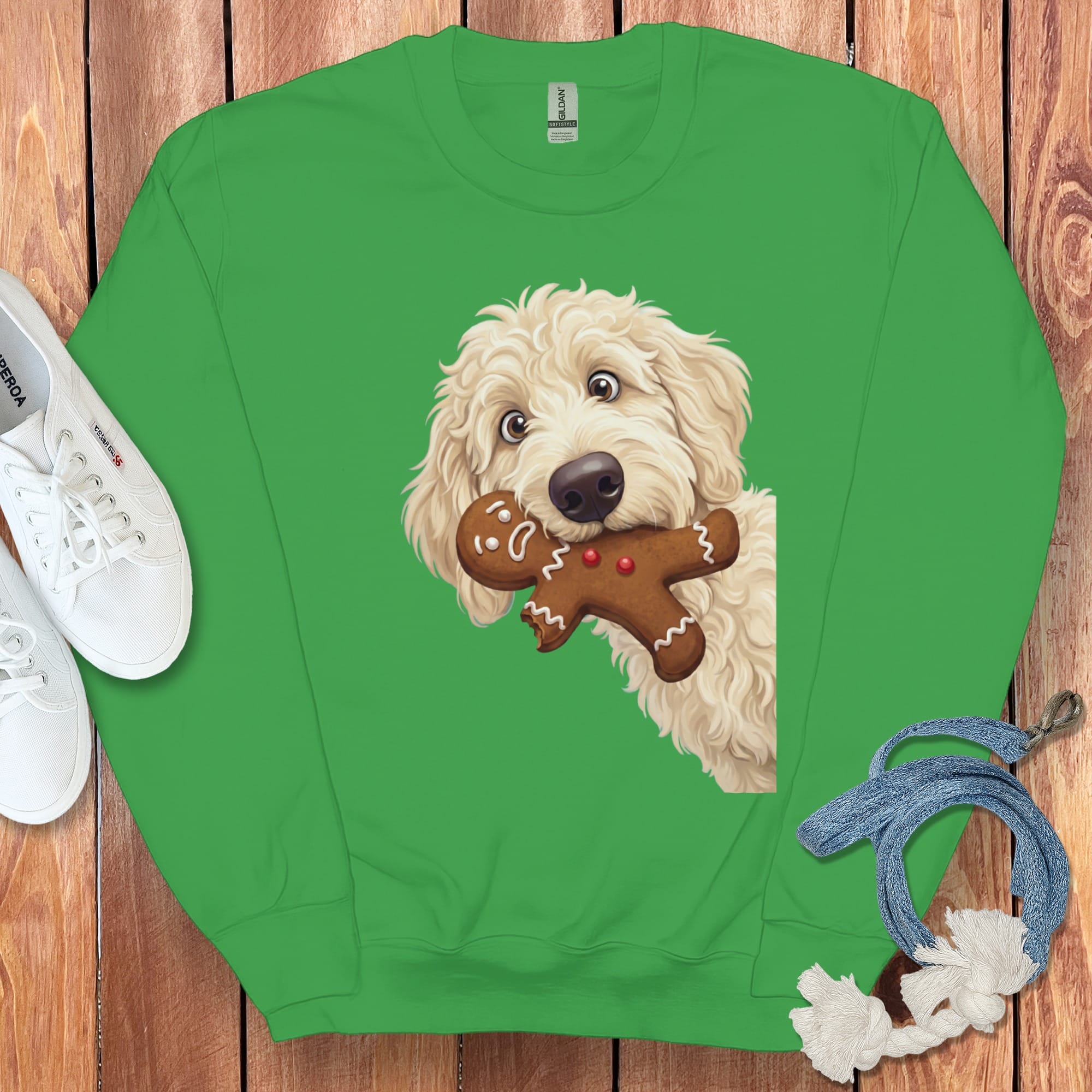 Cream Goldendoodle Cookie Thief Sweatshirt in Irish Green / S by Puppy Jo