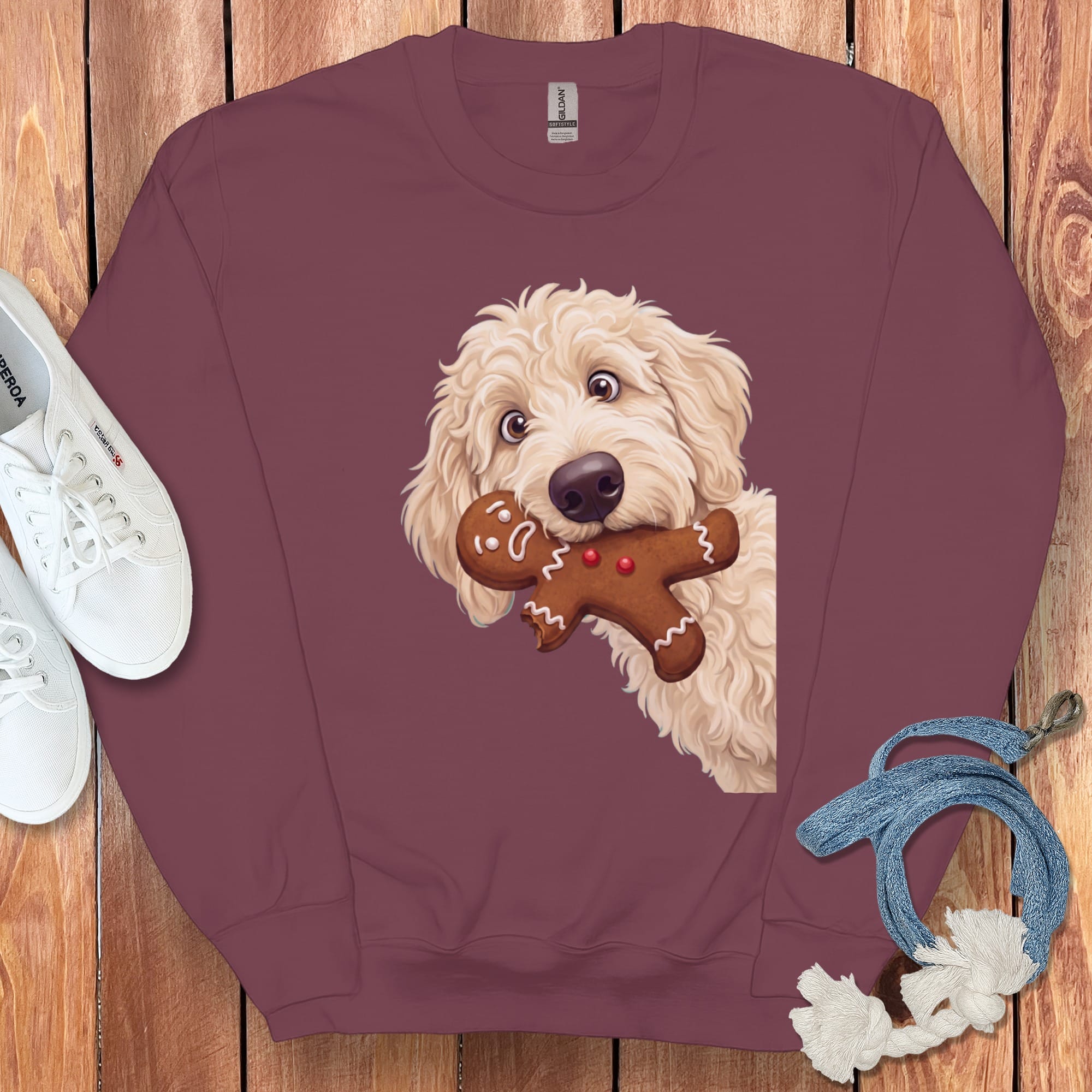 Cream Goldendoodle Cookie Thief Sweatshirt in Maroon / S by Puppy Jo
