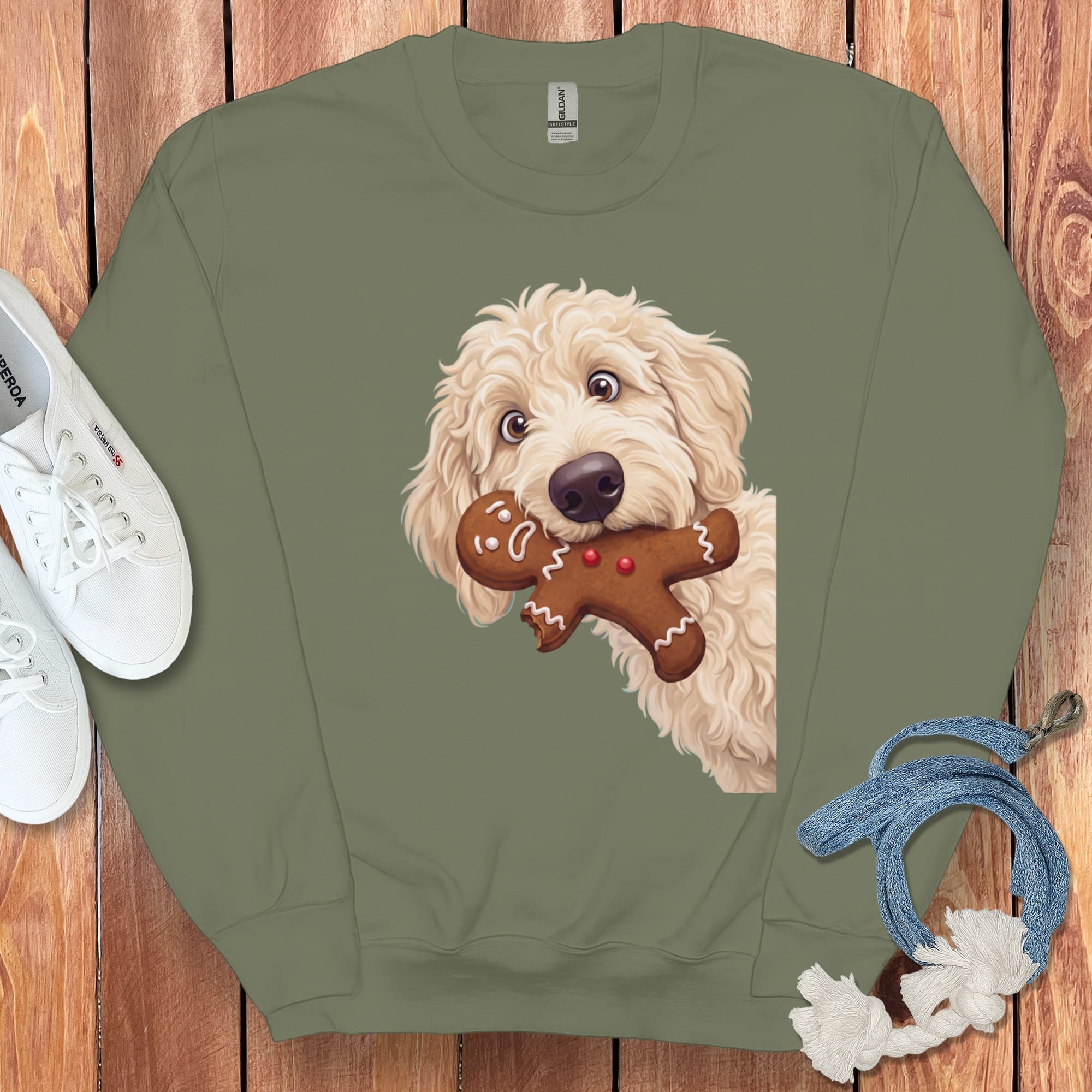 Cream Goldendoodle Cookie Thief Sweatshirt in Military Green / S by Puppy Jo