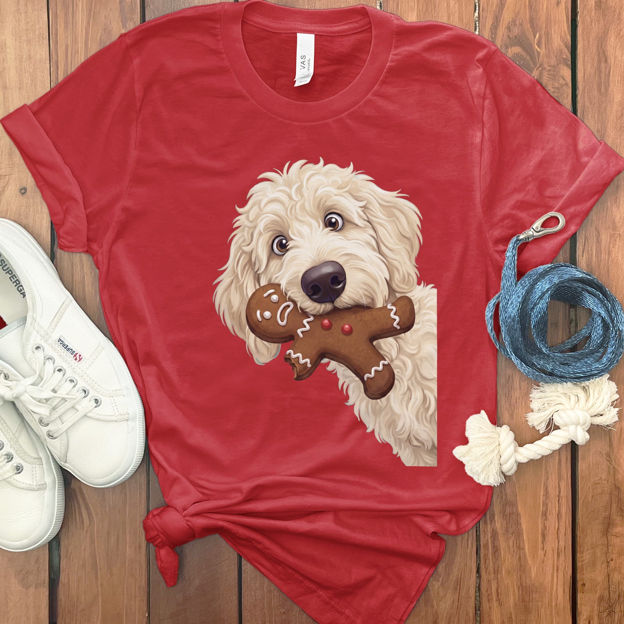 Cream Goldendoodle Cookie Thief T-Shirt in Red / S by Puppy Jo