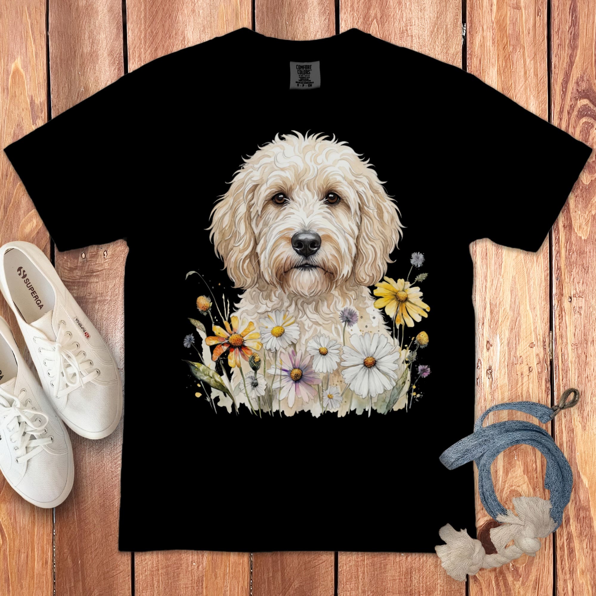 Cream Goldendoodle Daisy Signature T-Shirt in 2XL / Black by Puppy Jo