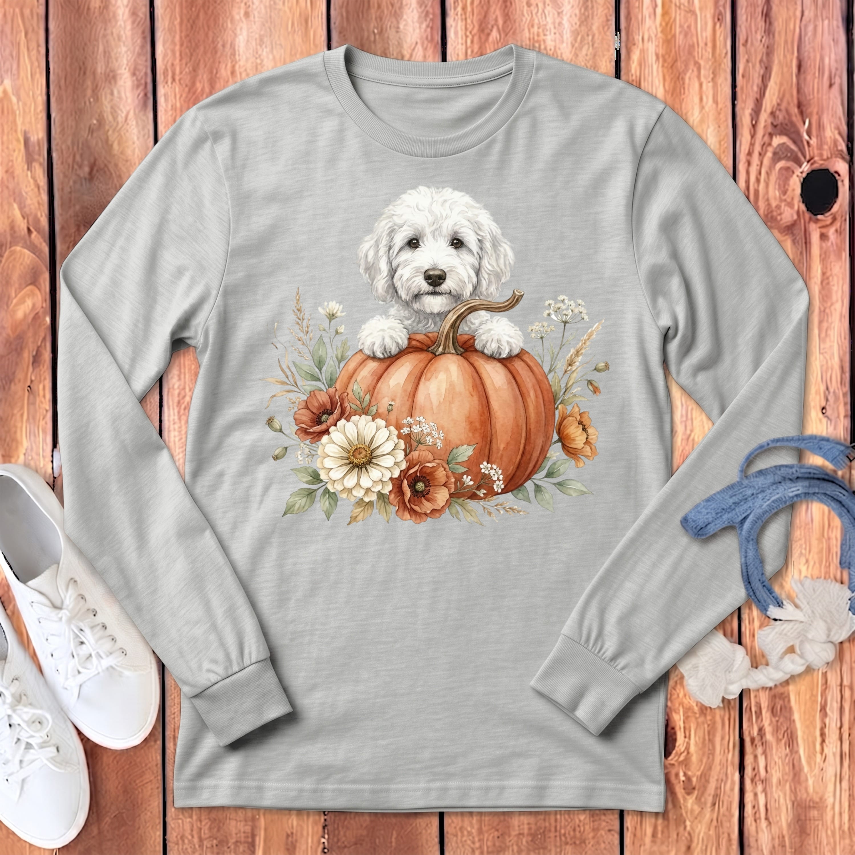 Cream Goldendoodle Fall Long Sleeve T-Shirt in Athletic Heather / S by Puppy Jo