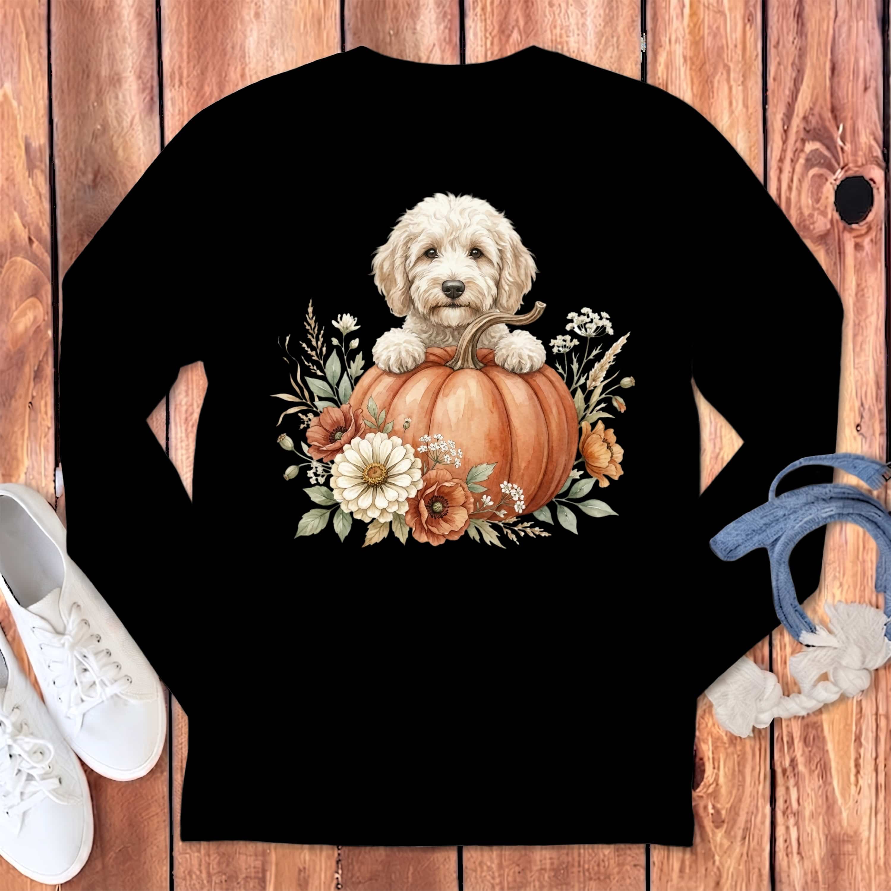 Cream Goldendoodle Fall Long Sleeve T-Shirt in Black / S by Puppy Jo