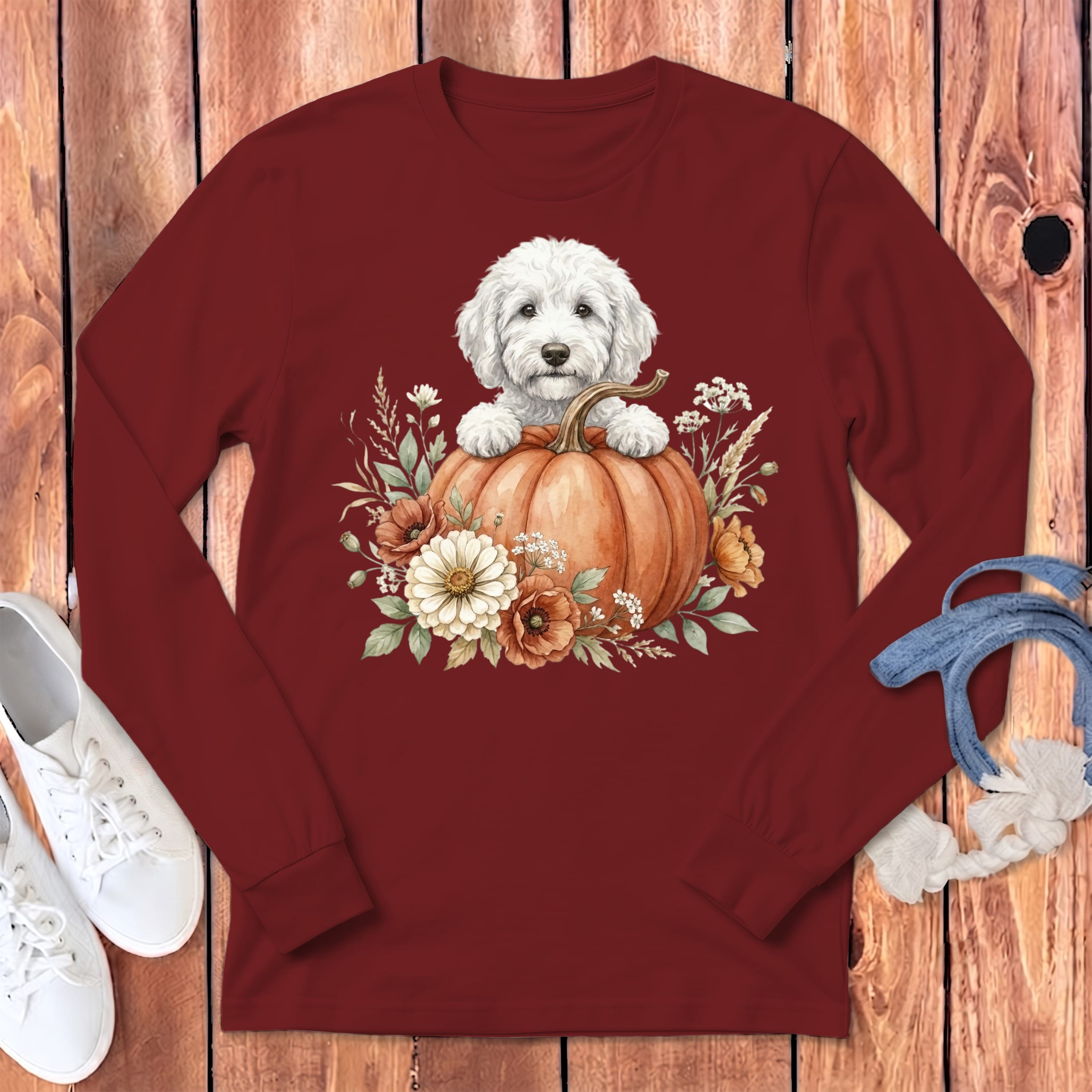 Cream Goldendoodle Fall Long Sleeve T-Shirt in Cardinal / S by Puppy Jo