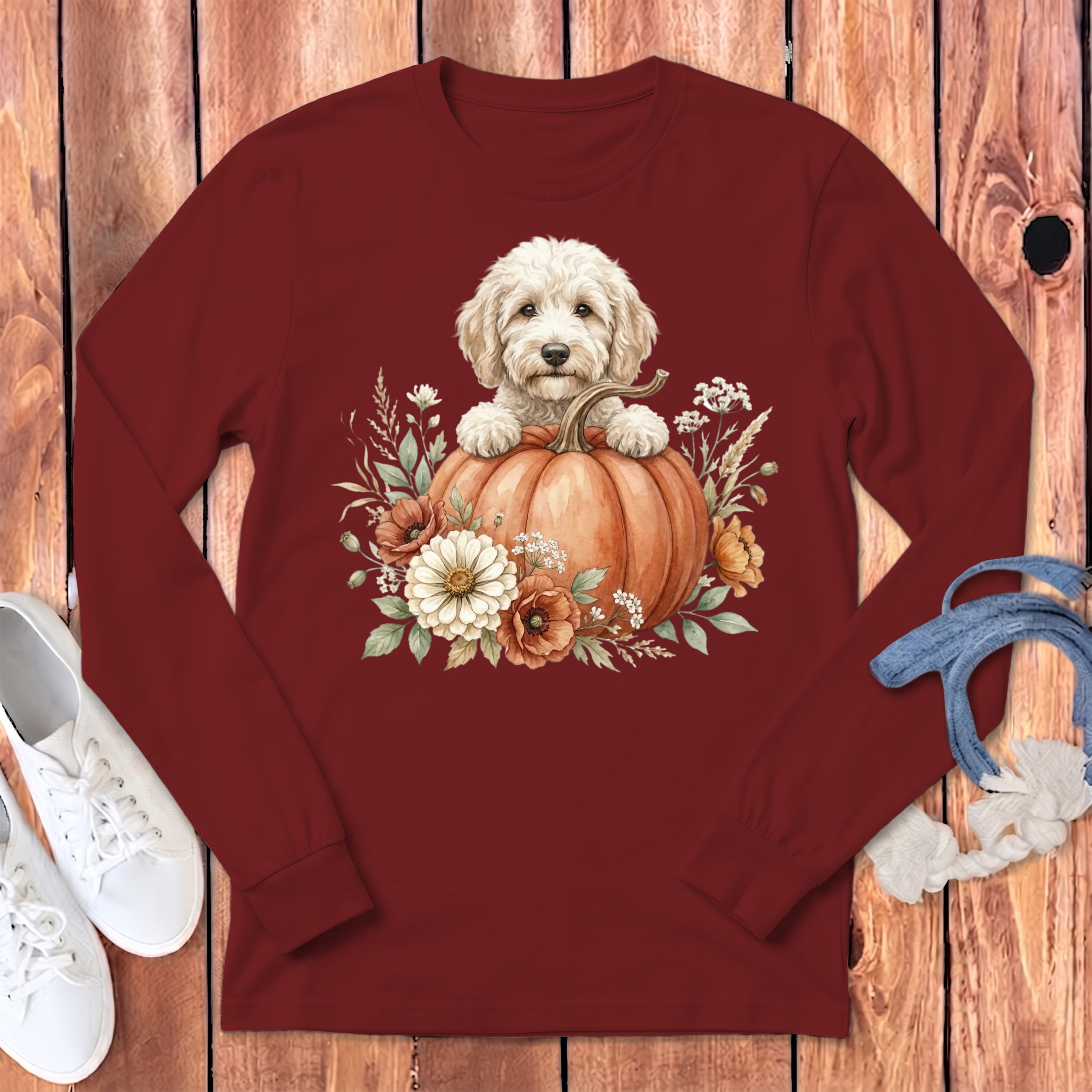 Cream Goldendoodle Fall Long Sleeve T-Shirt in Cardinal / S by Puppy Jo