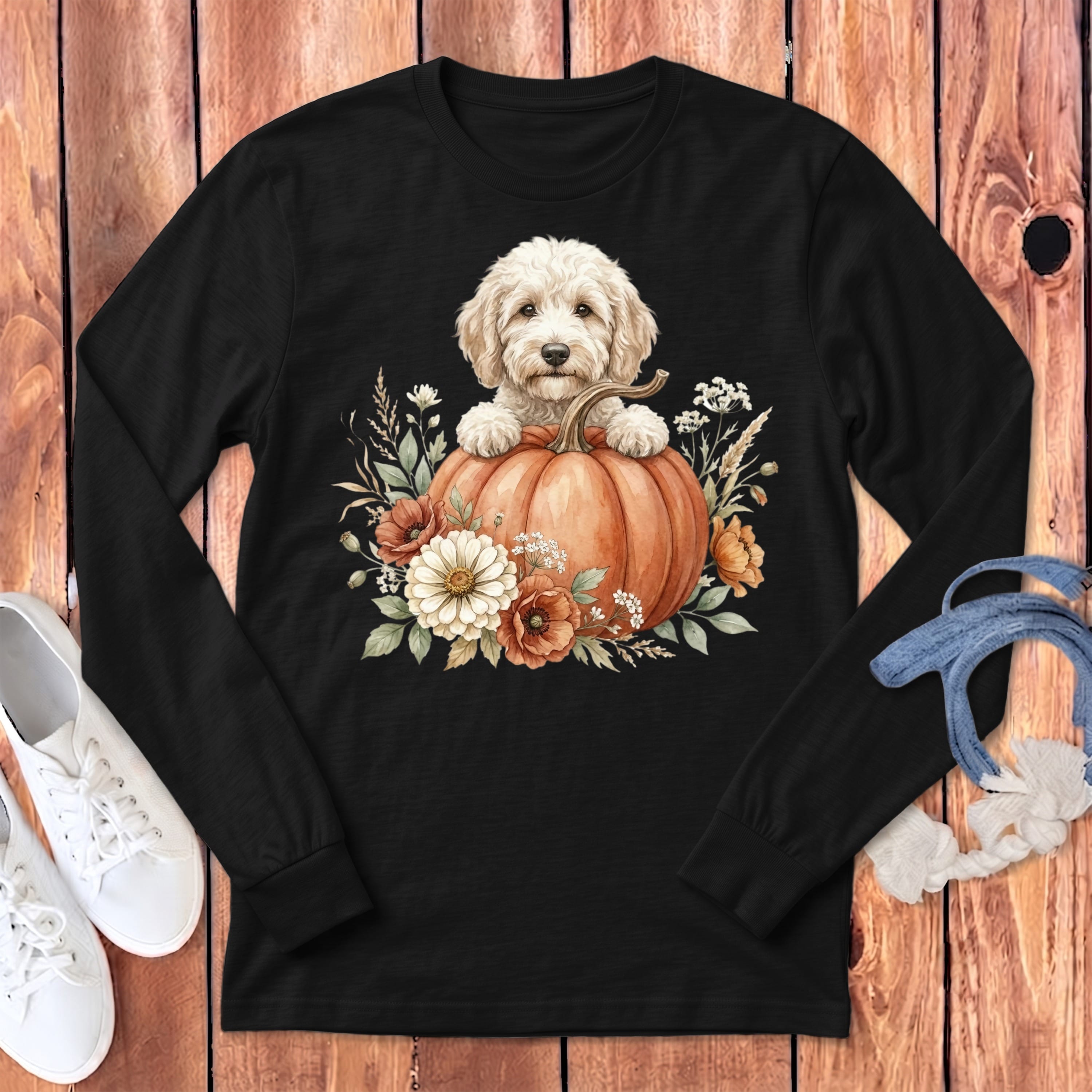 Cream Goldendoodle Fall Long Sleeve T-Shirt in Dark Grey Heather / S by Puppy Jo