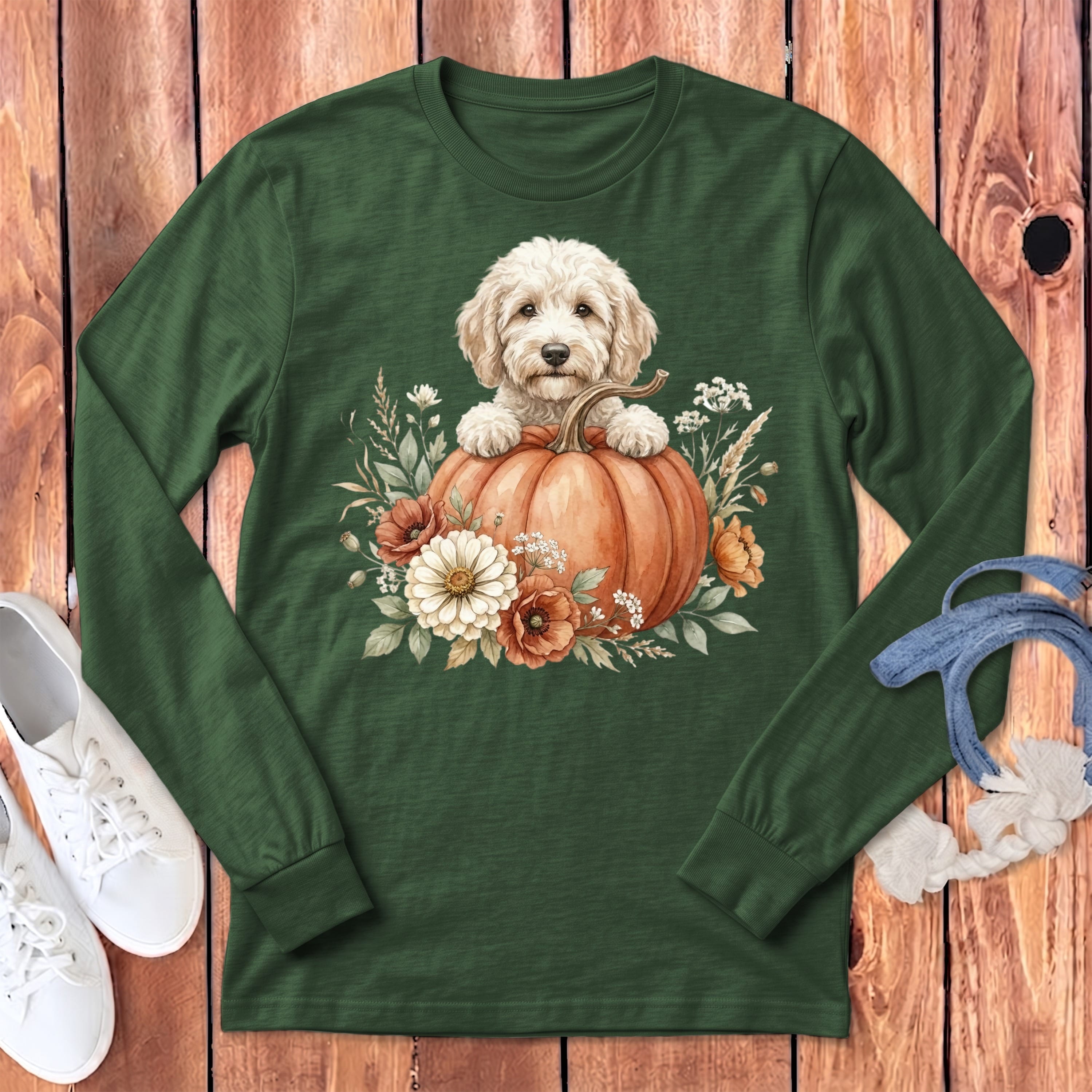 Cream Goldendoodle Fall Long Sleeve T-Shirt in Heather Forest / S by Puppy Jo