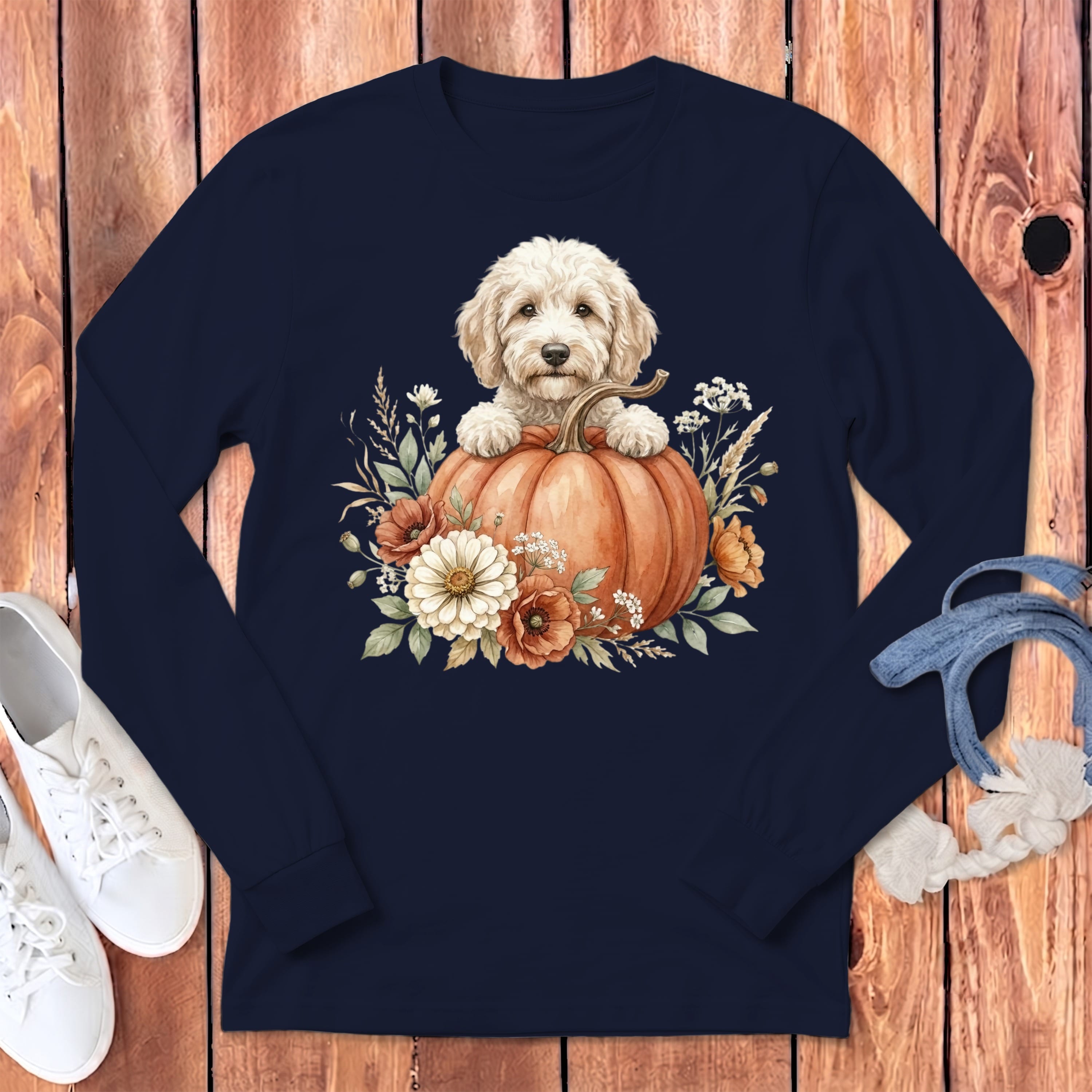 Cream Goldendoodle Fall Long Sleeve T-Shirt in Navy / S by Puppy Jo