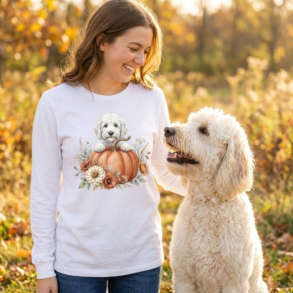 Cream Goldendoodle Fall Long Sleeve T-Shirt in by Puppy Jo