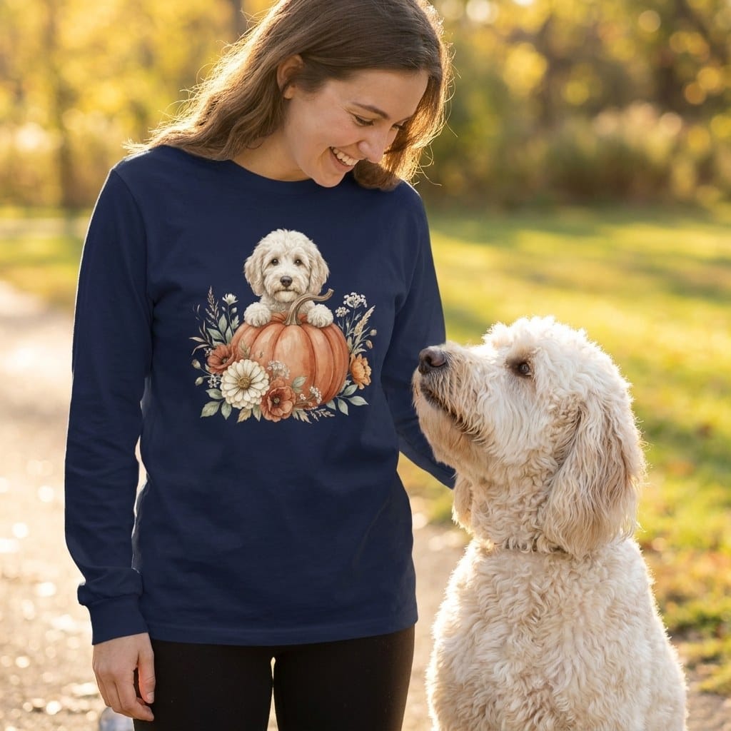 Cream Goldendoodle Fall Long Sleeve T-Shirt in by Puppy Jo
