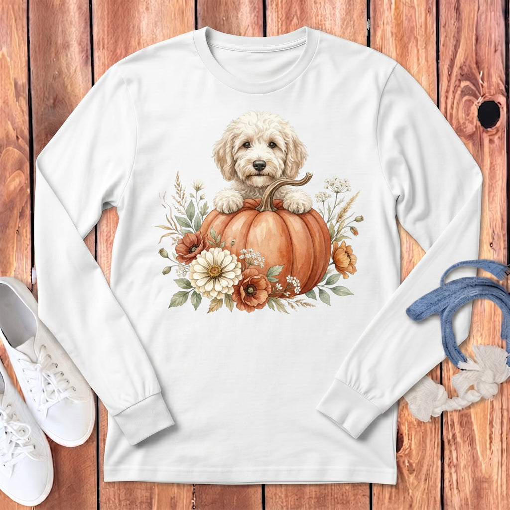 Cream Goldendoodle Fall Long Sleeve T-Shirt in White / S by Puppy Jo
