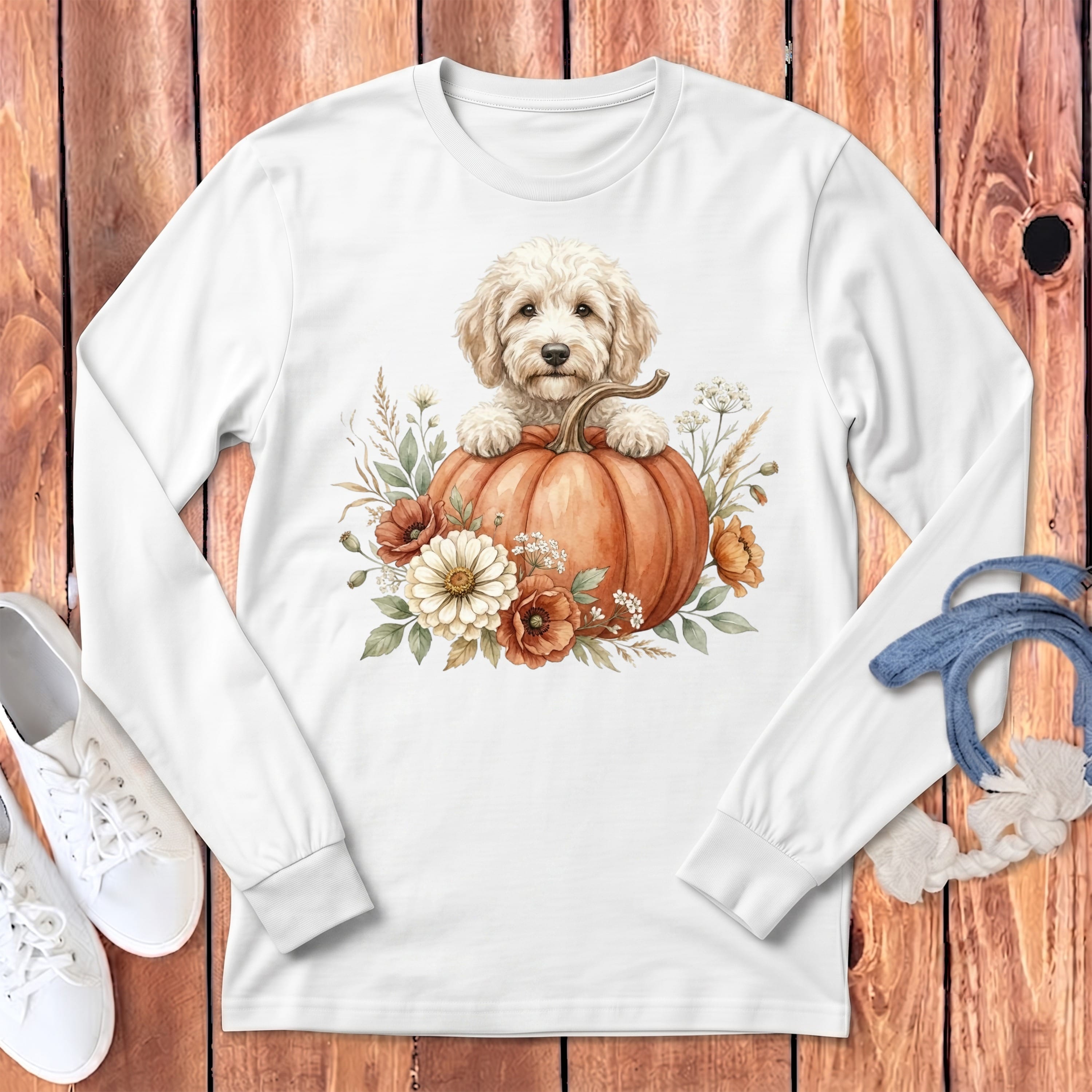Cream Goldendoodle Fall Long Sleeve T-Shirt in White / S by Puppy Jo