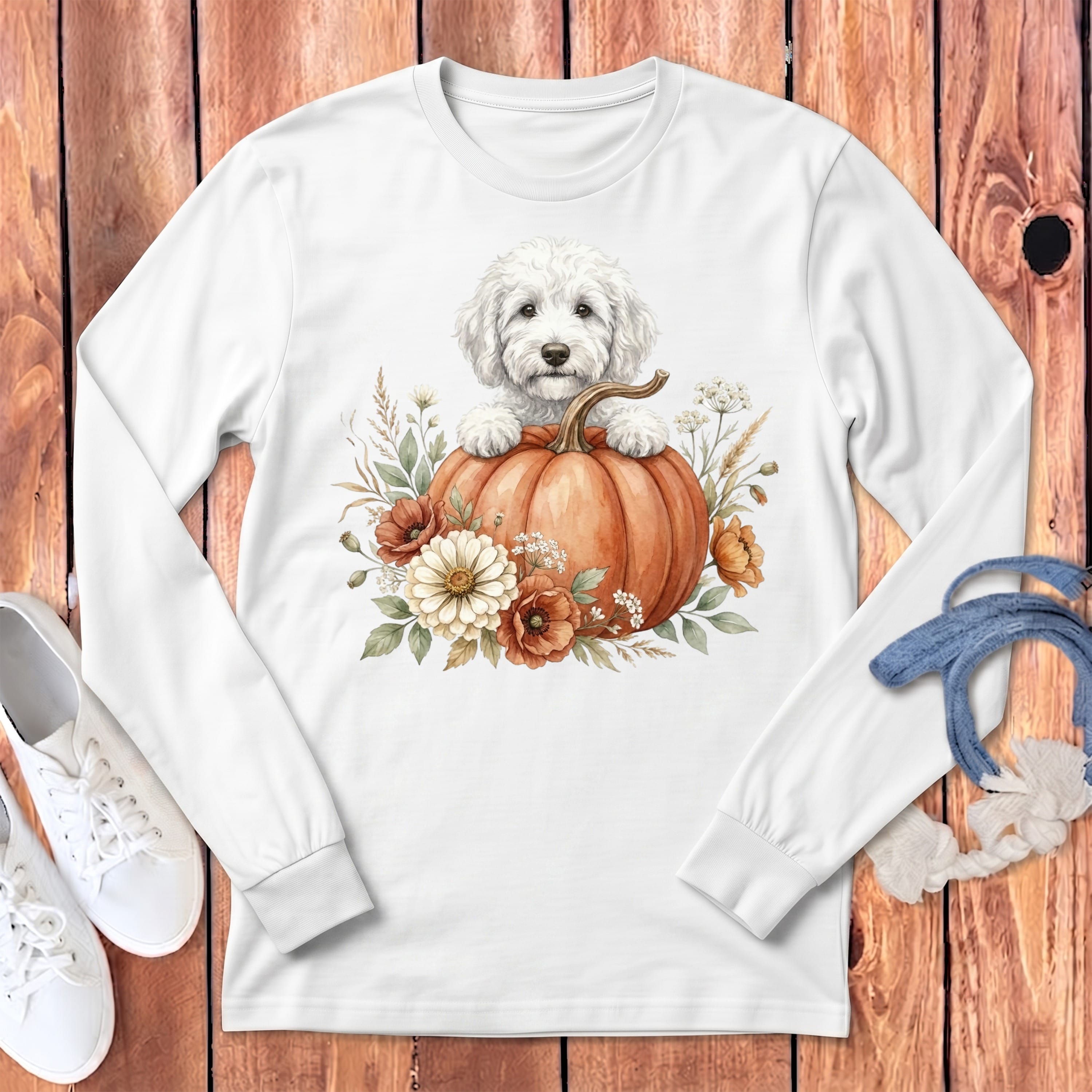 Cream Goldendoodle Fall Long Sleeve T-Shirt in White / S by Puppy Jo