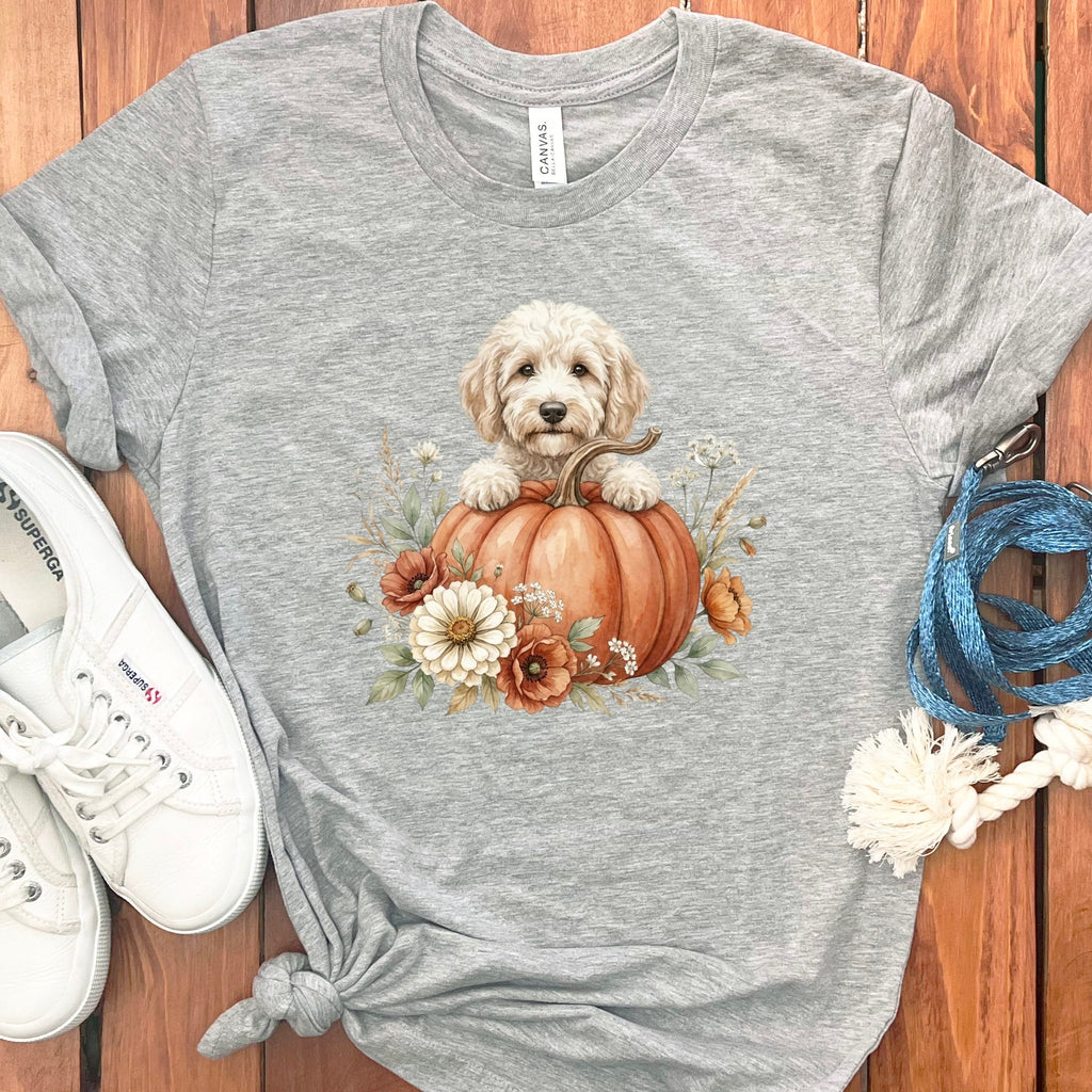 Cream Goldendoodle Fall T-Shirt in Athletic Heather / S by Puppy Jo