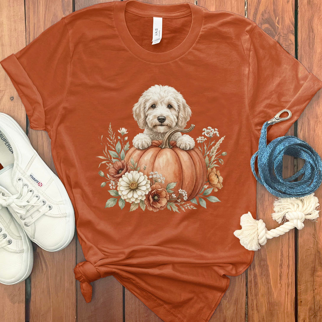 Cream Goldendoodle Fall T-Shirt in Autumn / S by Puppy Jo