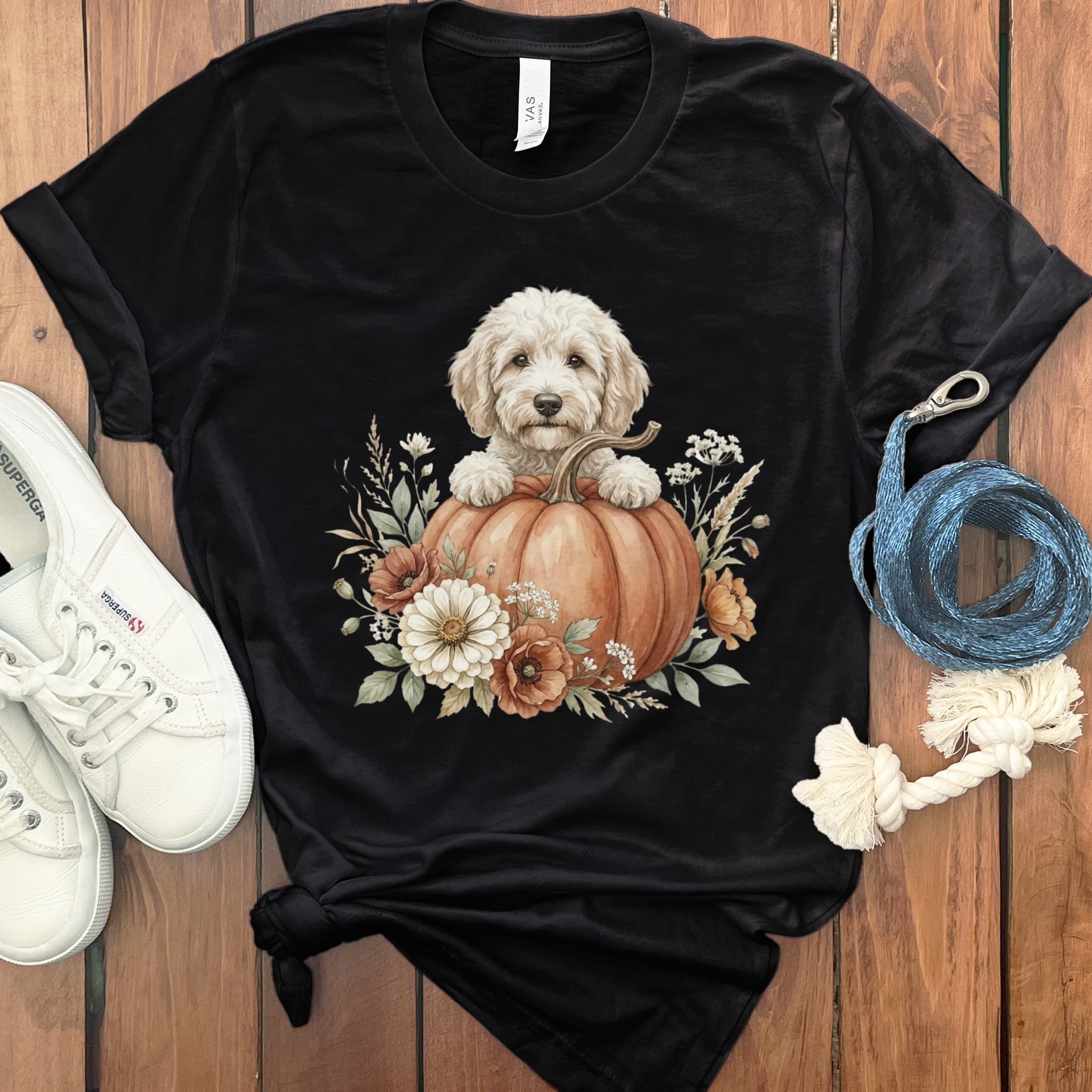 Cream Goldendoodle Fall T-Shirt in Black / S by Puppy Jo