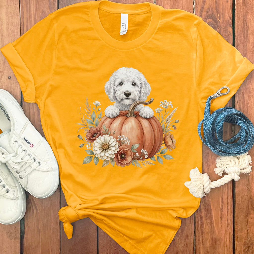 Cream Goldendoodle Fall T-Shirt in Gold / S by Puppy Jo