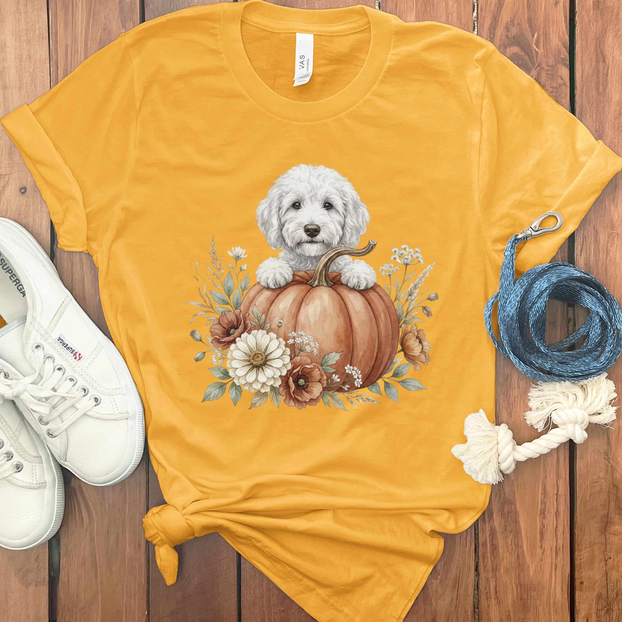 Cream Goldendoodle Fall T-Shirt in Gold / S by Puppy Jo