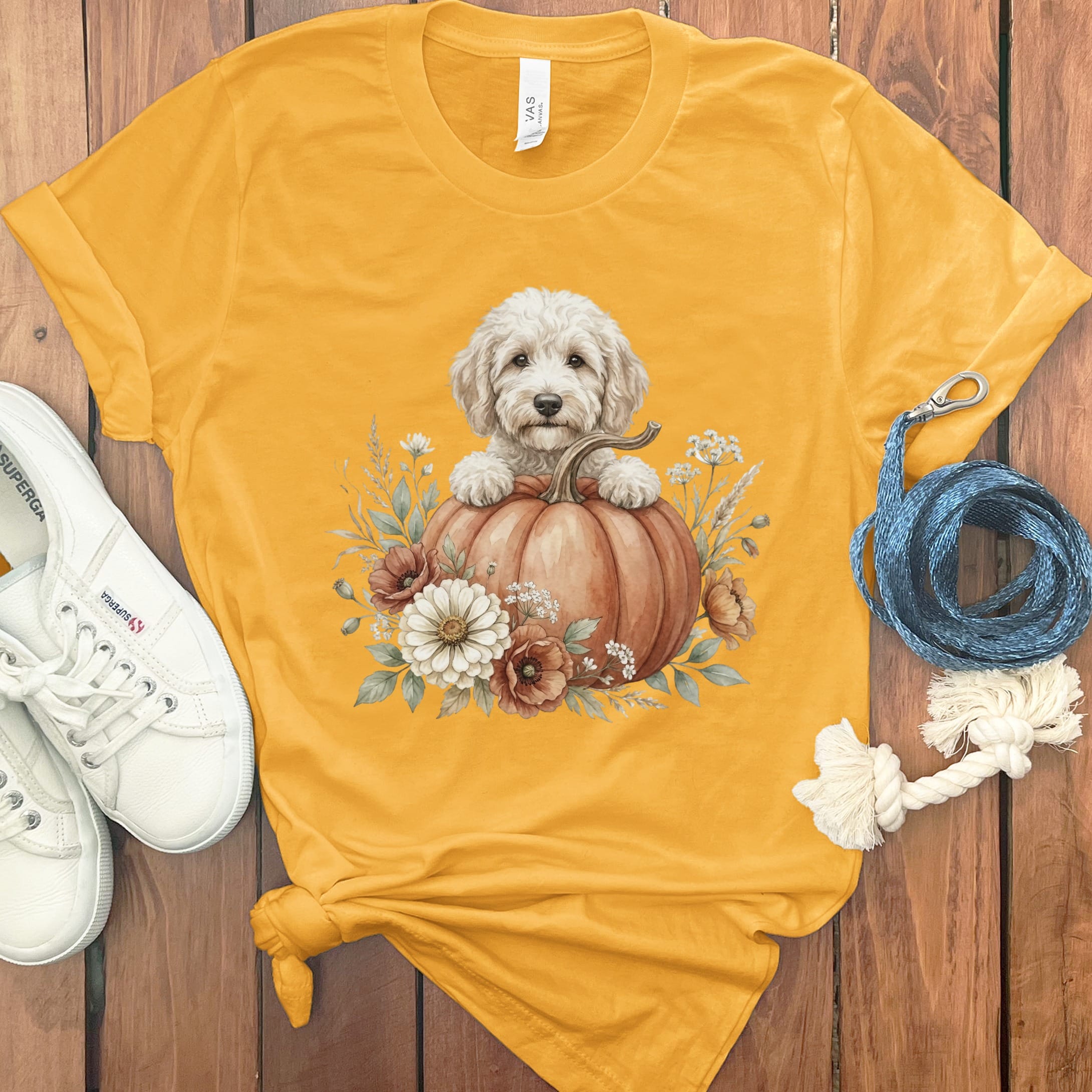 Cream Goldendoodle Fall T-Shirt in Gold / S by Puppy Jo