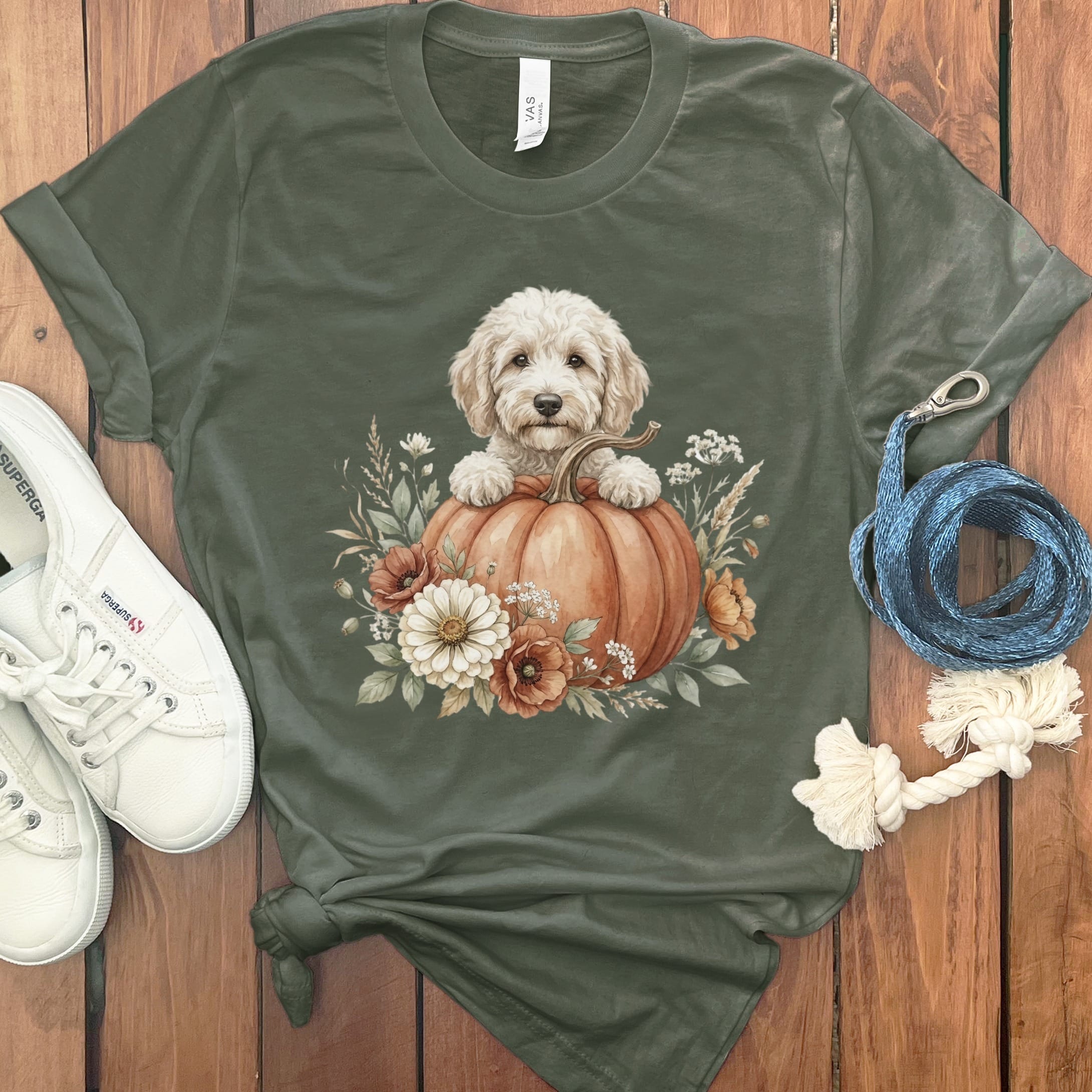 Cream Goldendoodle Fall T-Shirt in Military Green / S by Puppy Jo