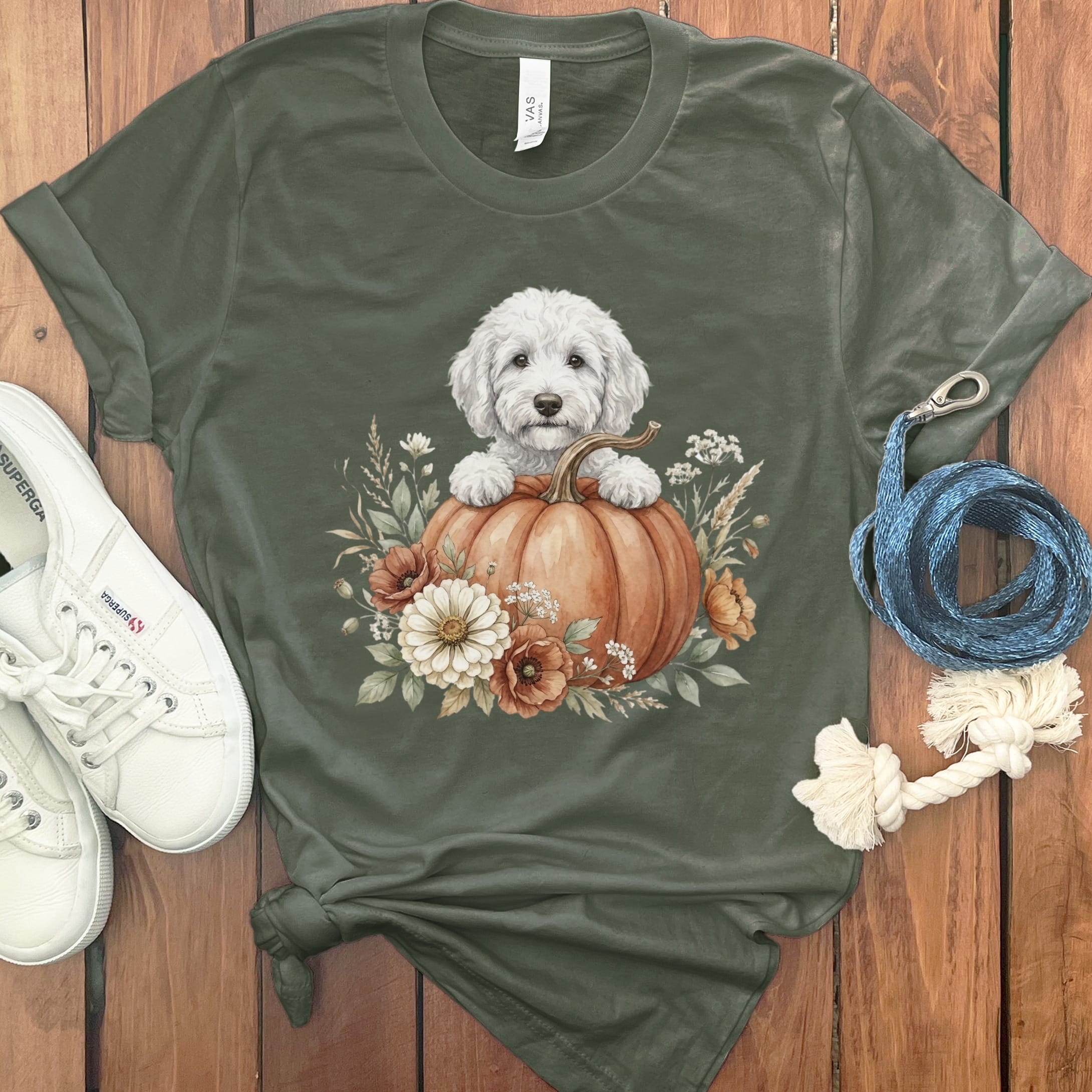 Cream Goldendoodle Fall T-Shirt in Military Green / S by Puppy Jo