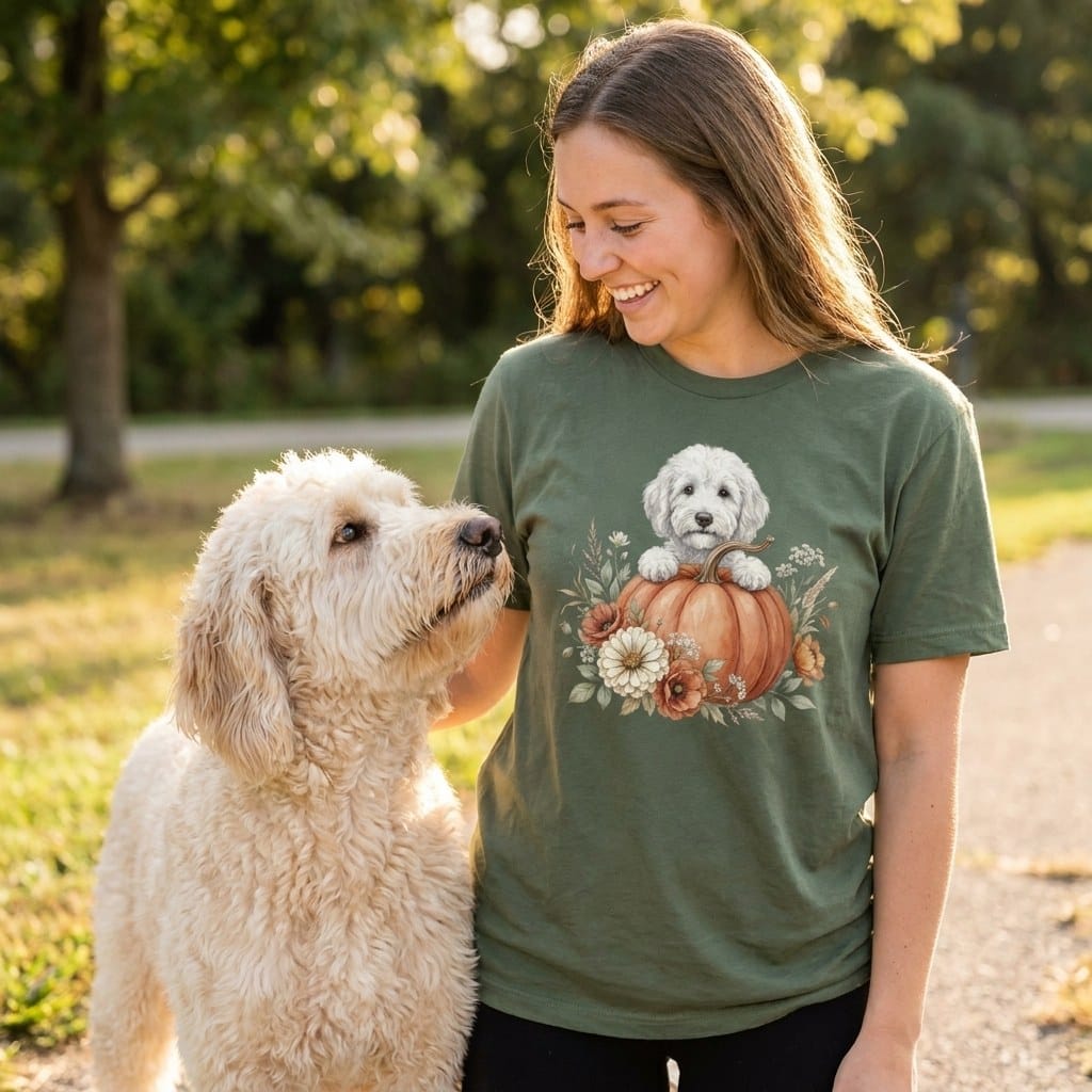 Cream Goldendoodle Fall T-Shirt in by Puppy Jo