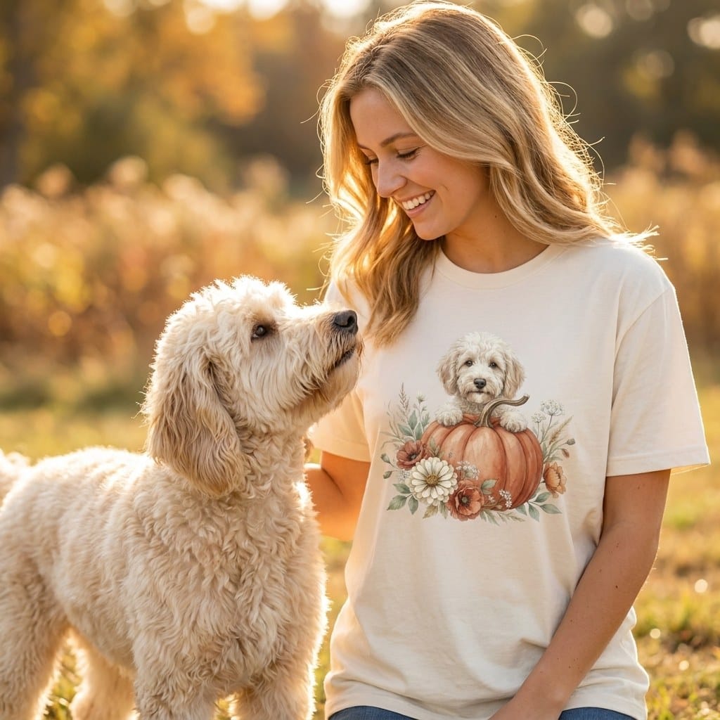 Cream Goldendoodle Fall T-Shirt in by Puppy Jo