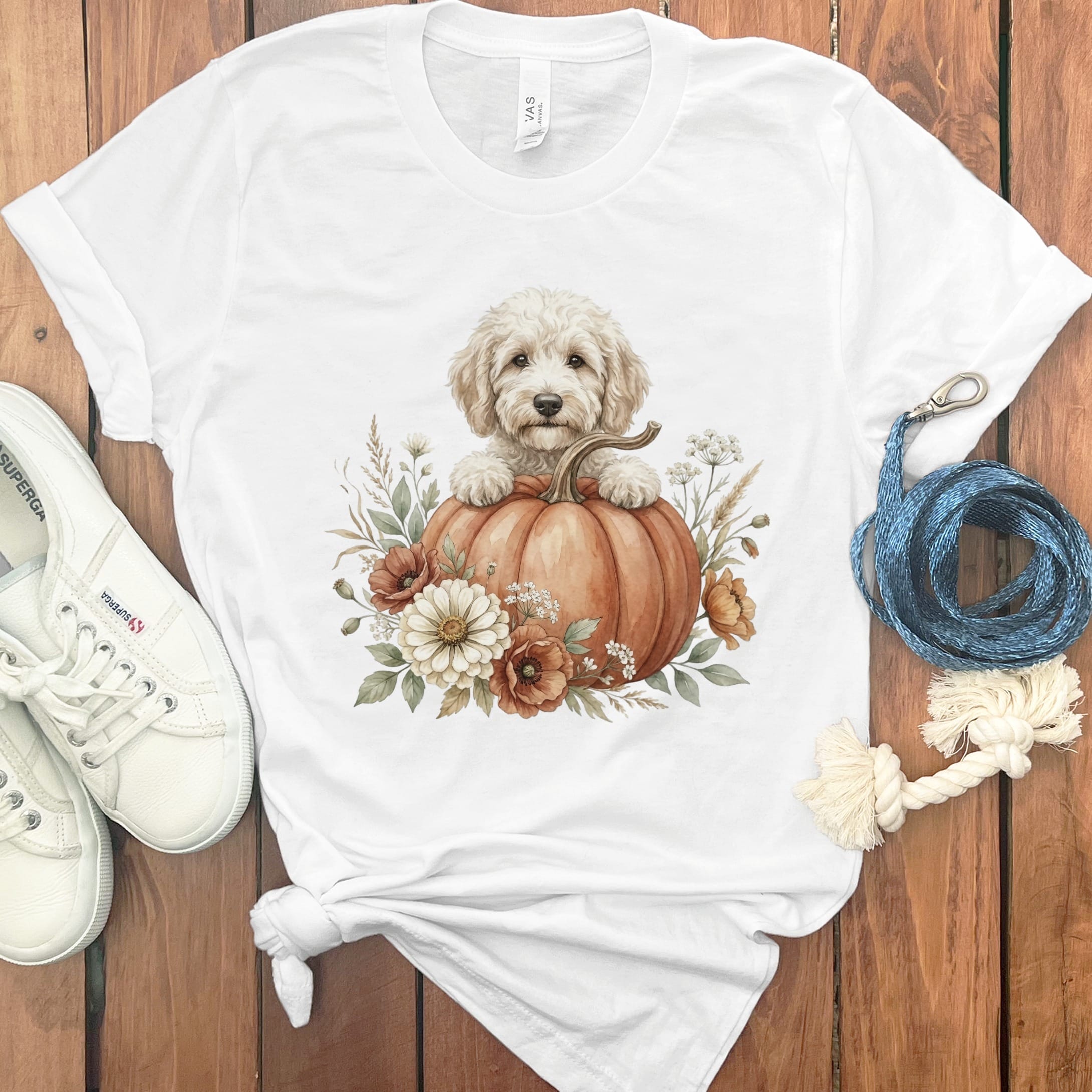 Cream Goldendoodle Fall T-Shirt in White / S by Puppy Jo