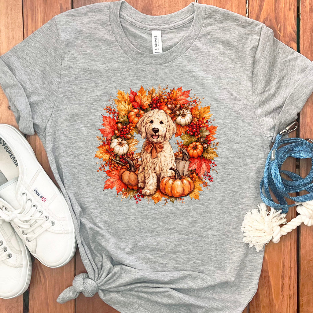 Cream Goldendoodle Fall Wreath T-Shirt in Athletic Heather / S by Puppy Jo