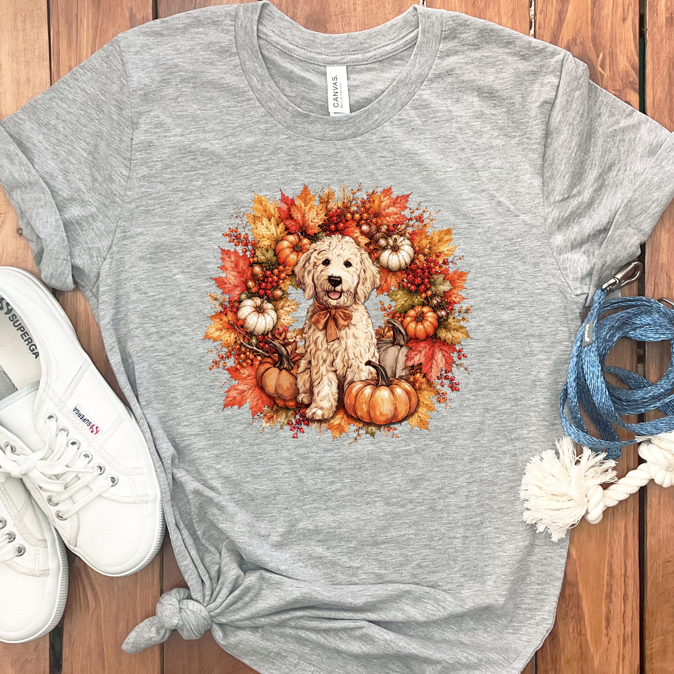Cream Goldendoodle Fall Wreath T-Shirt in Athletic Heather / S by Puppy Jo