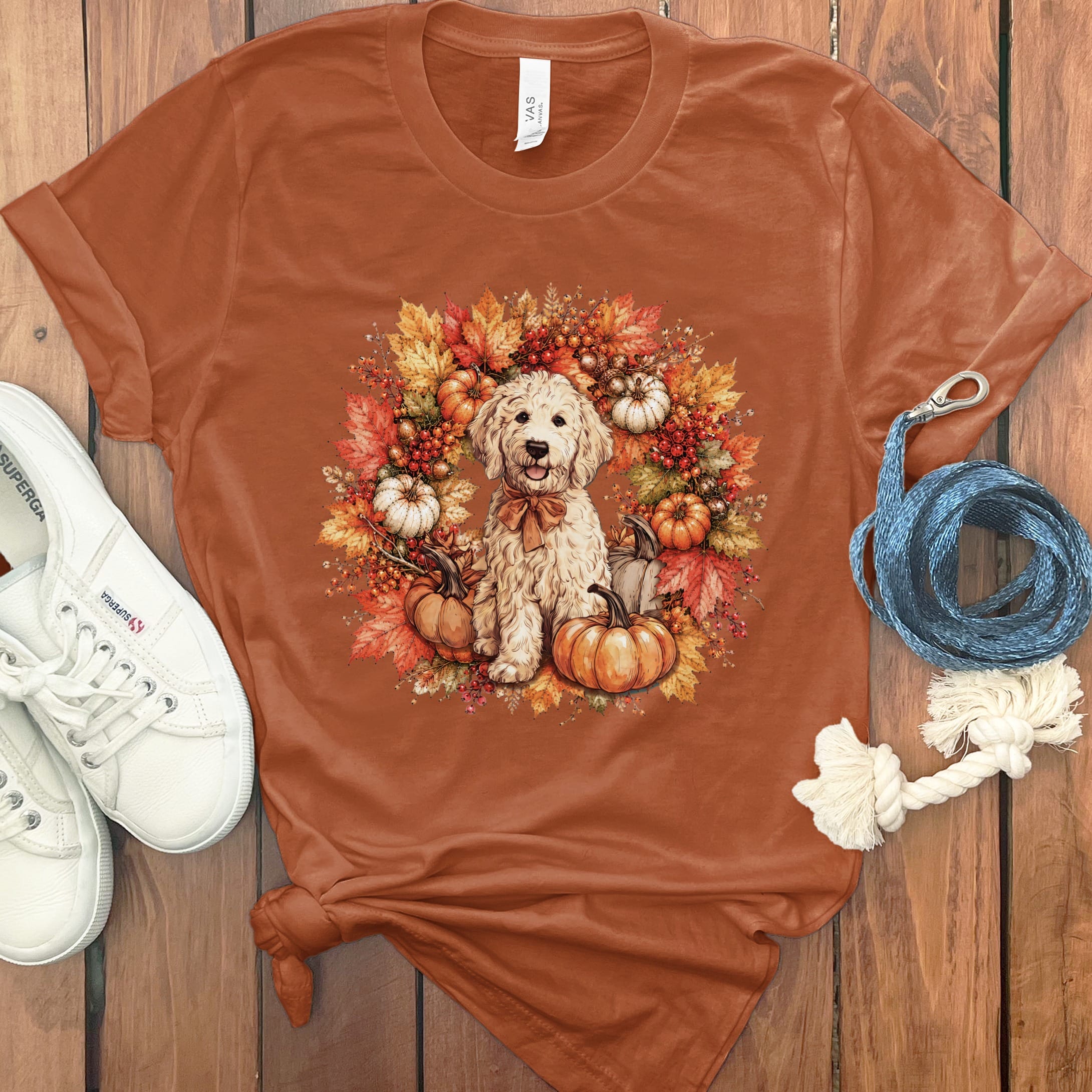 Cream Goldendoodle Fall Wreath T-Shirt in Autumn / S by Puppy Jo