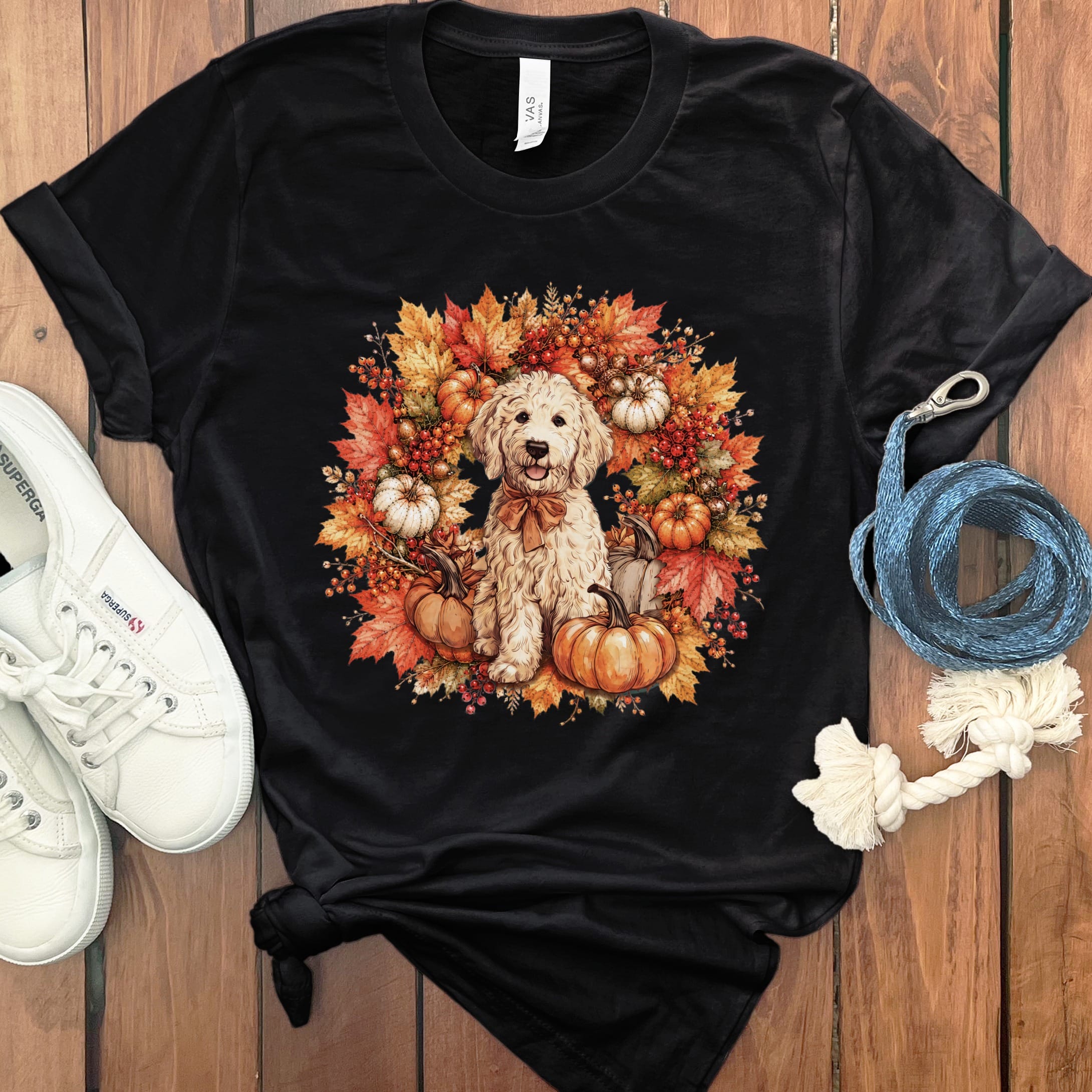 Cream Goldendoodle Fall Wreath T-Shirt in Black / S by Puppy Jo