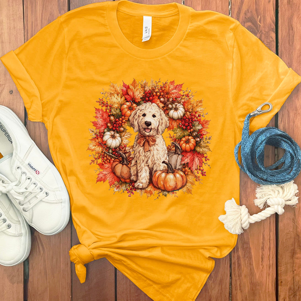 Cream Goldendoodle Fall Wreath T-Shirt in Gold / S by Puppy Jo
