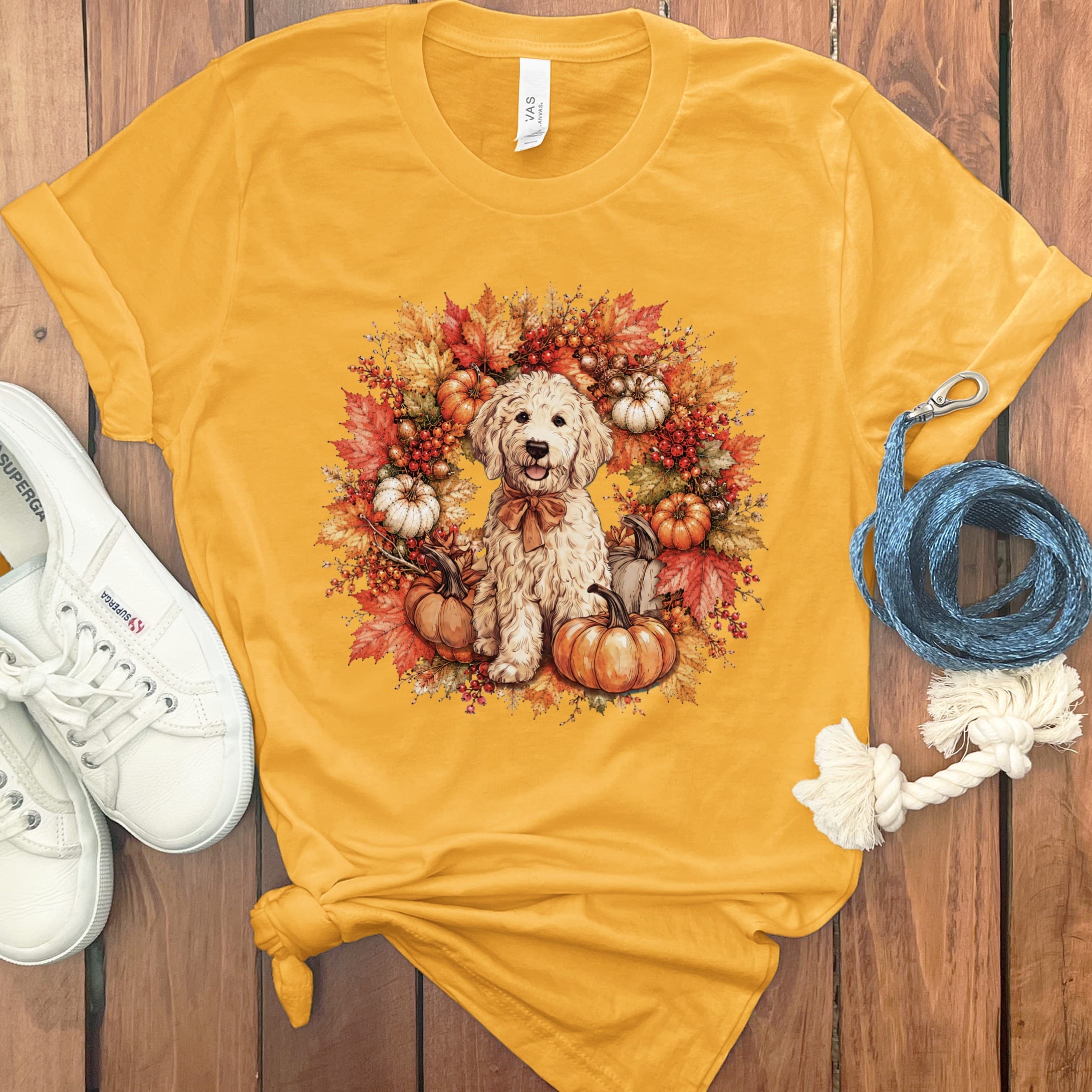 Cream Goldendoodle Fall Wreath T-Shirt in Gold / S by Puppy Jo