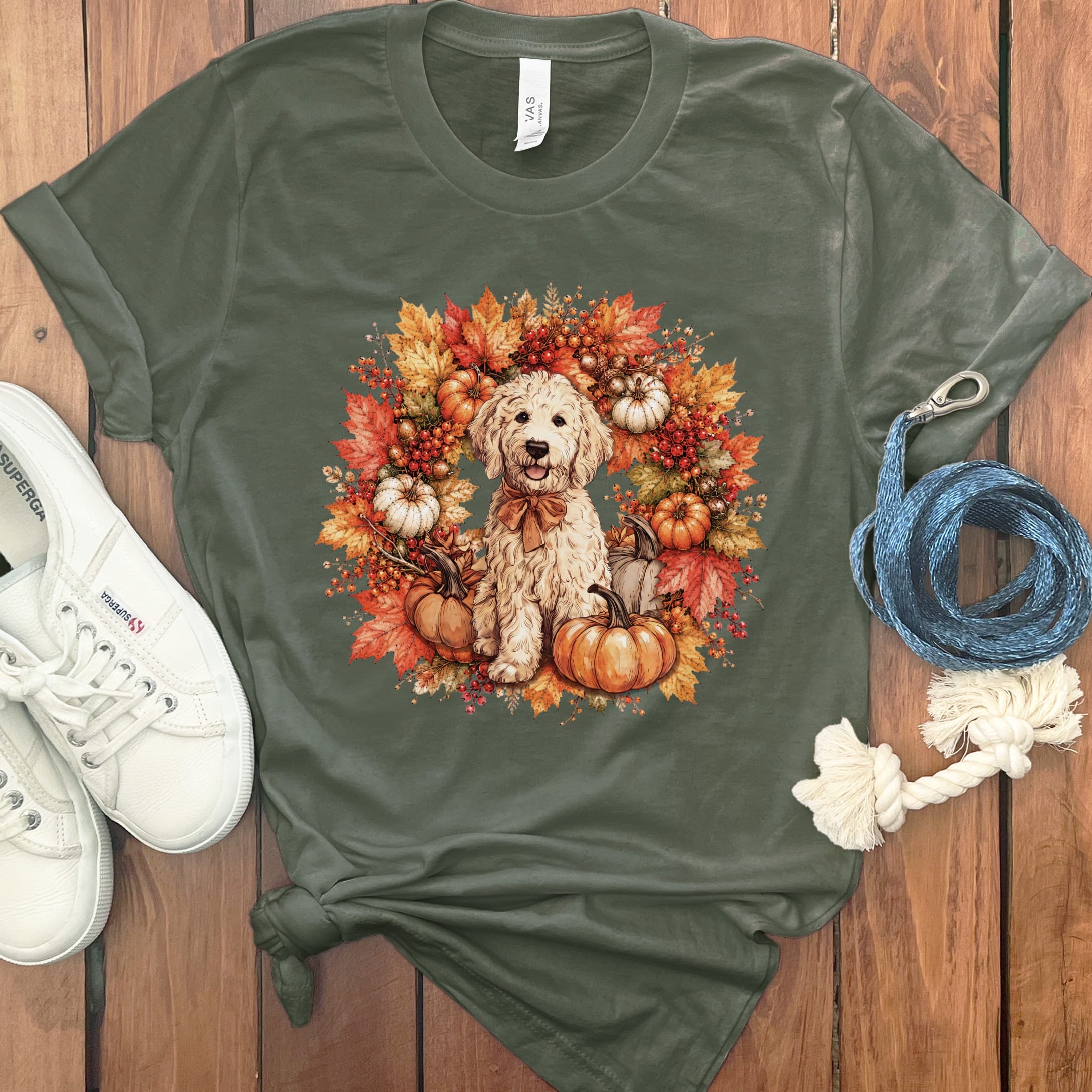 Cream Goldendoodle Fall Wreath T-Shirt in Military Green / S by Puppy Jo