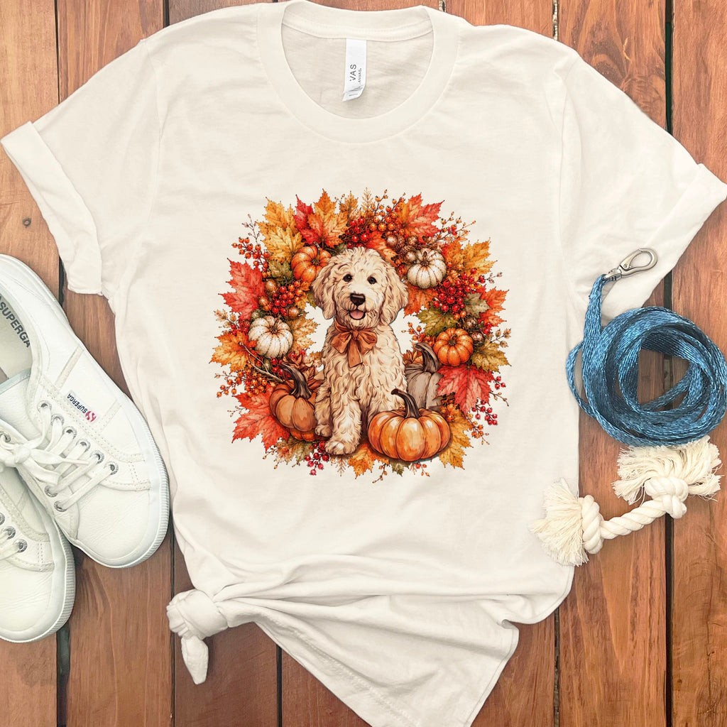Cream Goldendoodle Fall Wreath T-Shirt in Natural / S by Puppy Jo