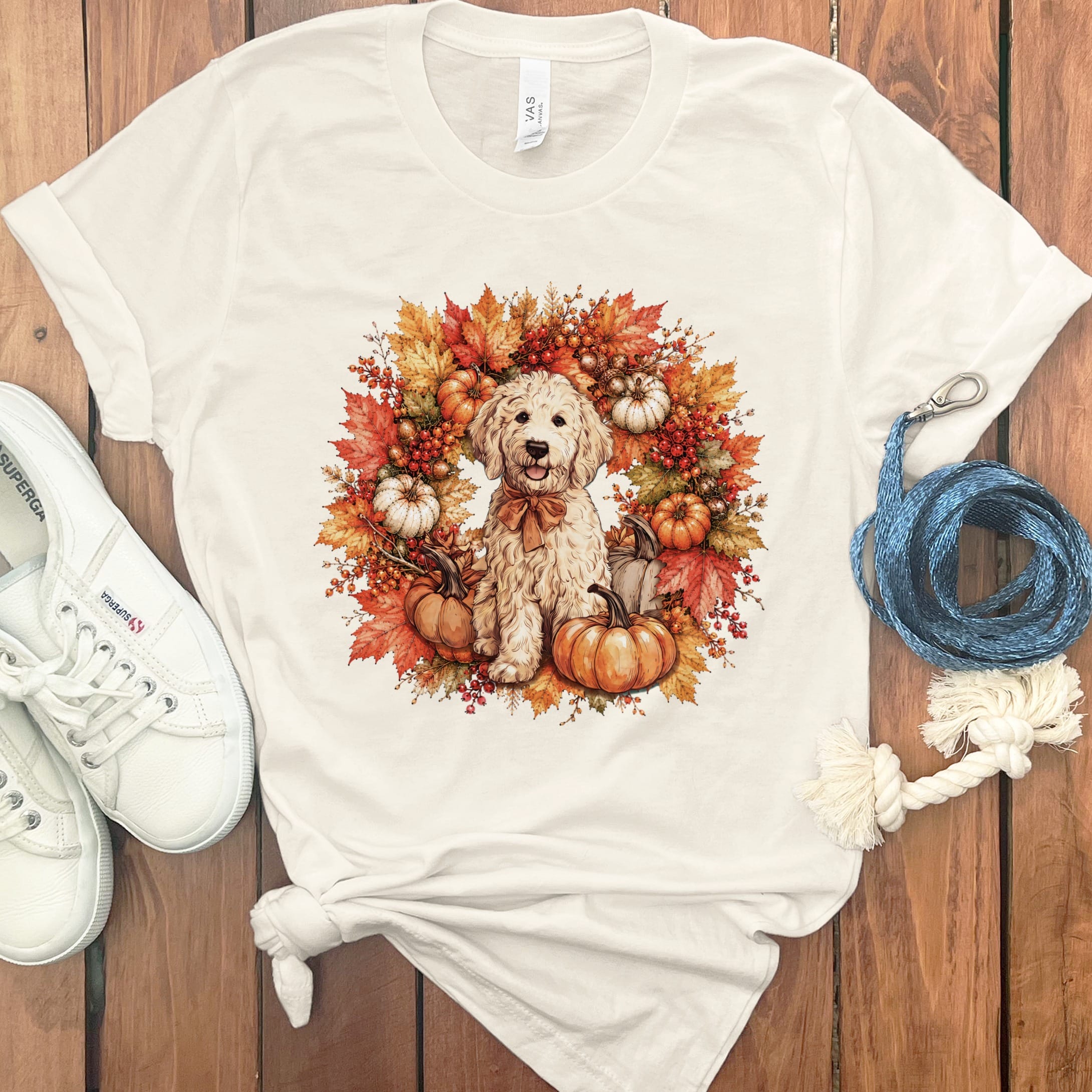 Cream Goldendoodle Fall Wreath T-Shirt in Natural / S by Puppy Jo