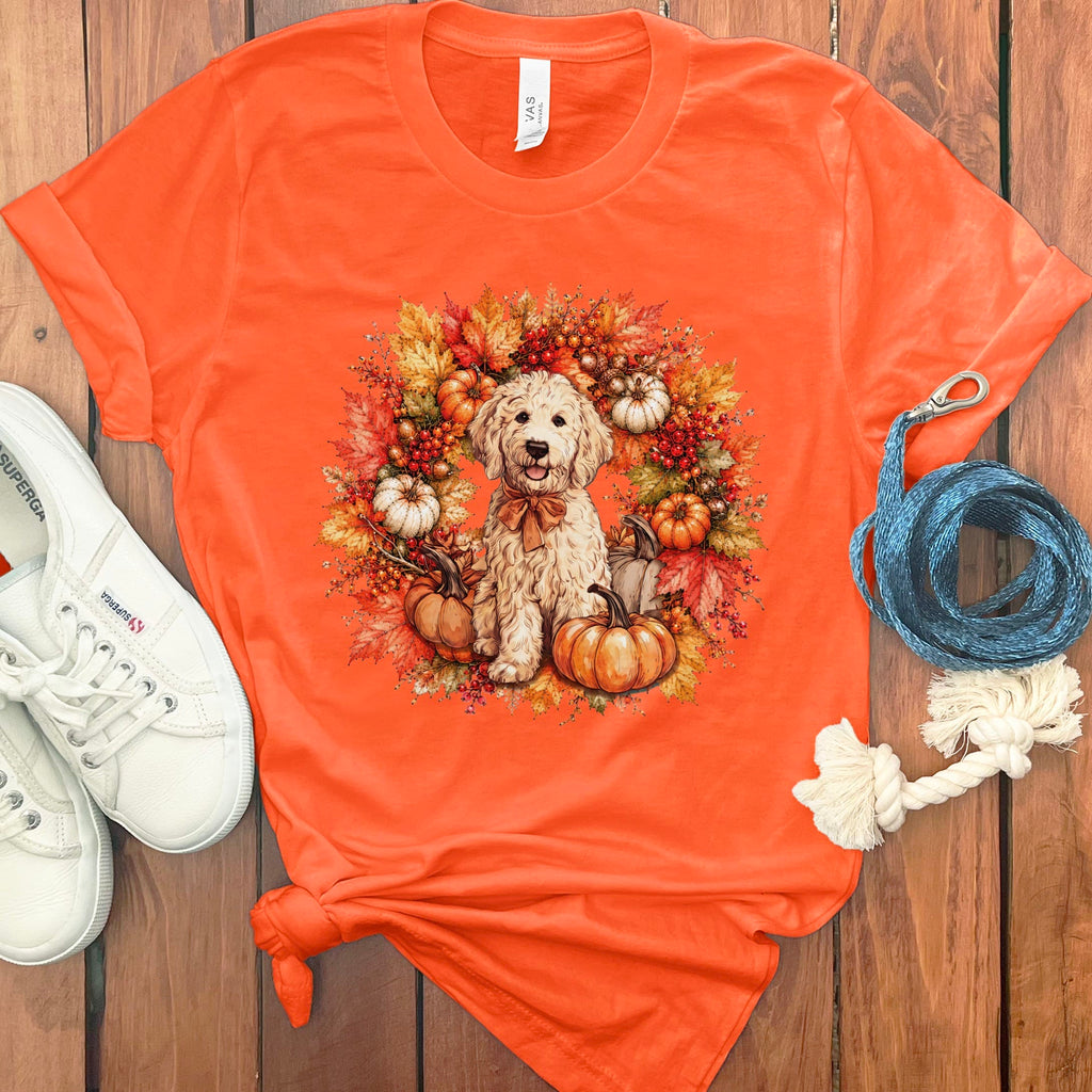 Cream Goldendoodle Fall Wreath T-Shirt in Orange / S by Puppy Jo
