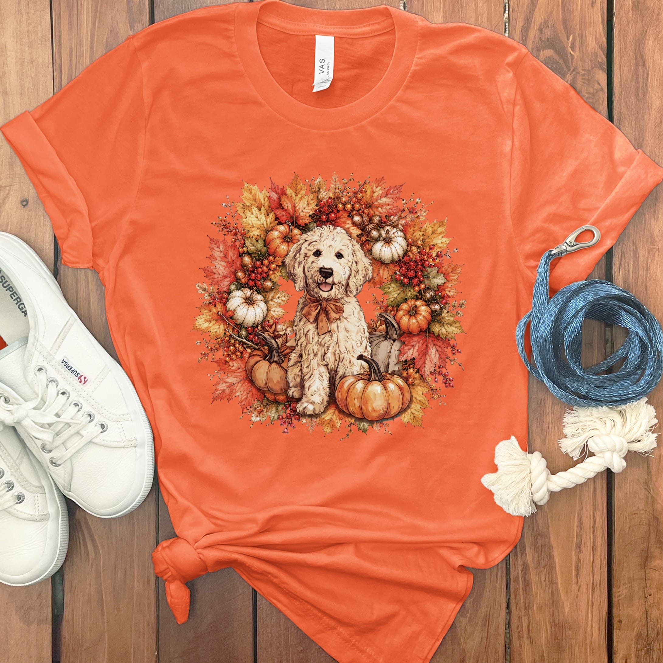 Cream Goldendoodle Fall Wreath T-Shirt in Orange / S by Puppy Jo